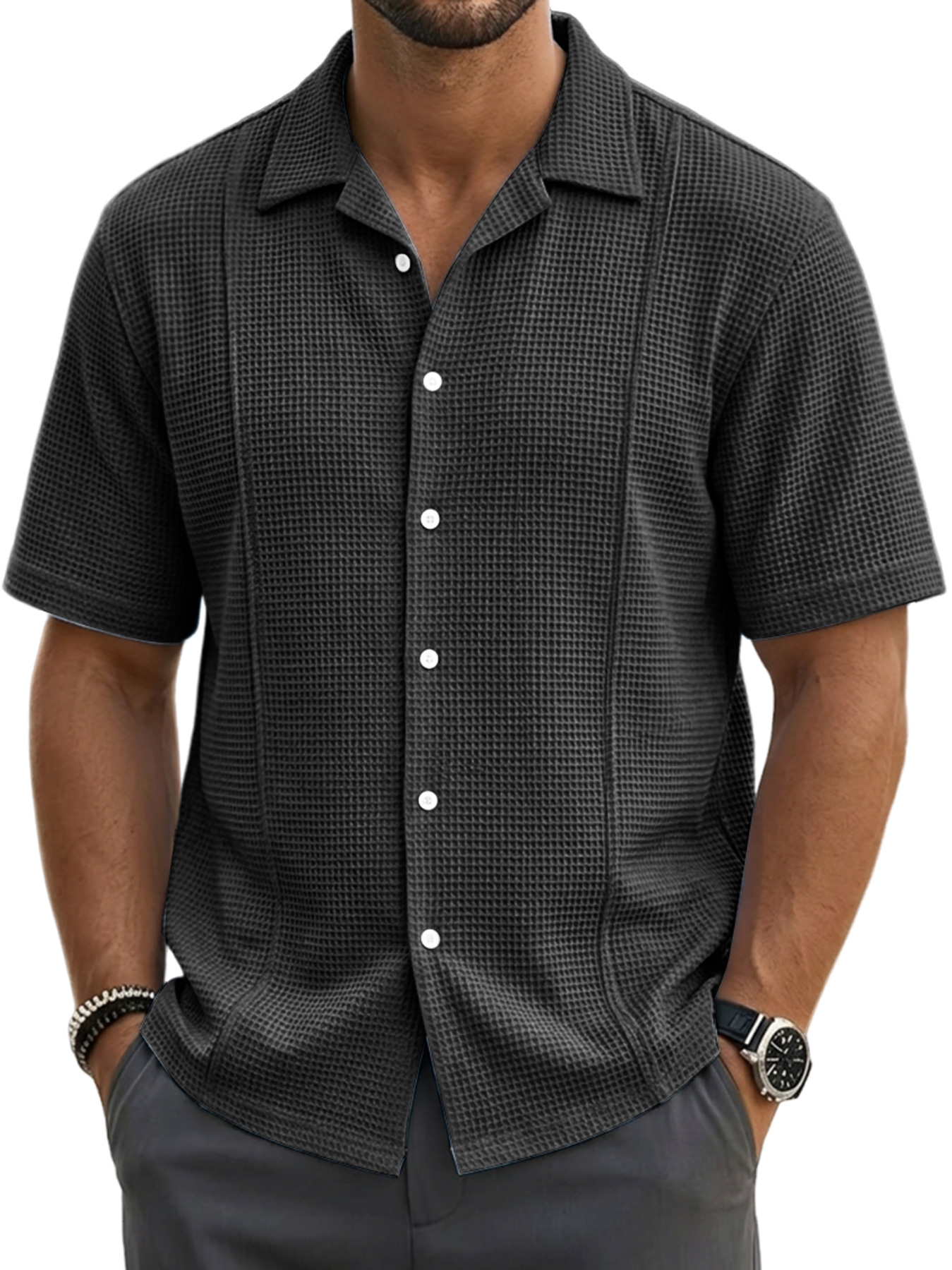 Men's waffle-knit deconstructed casual short-sleeved shirt