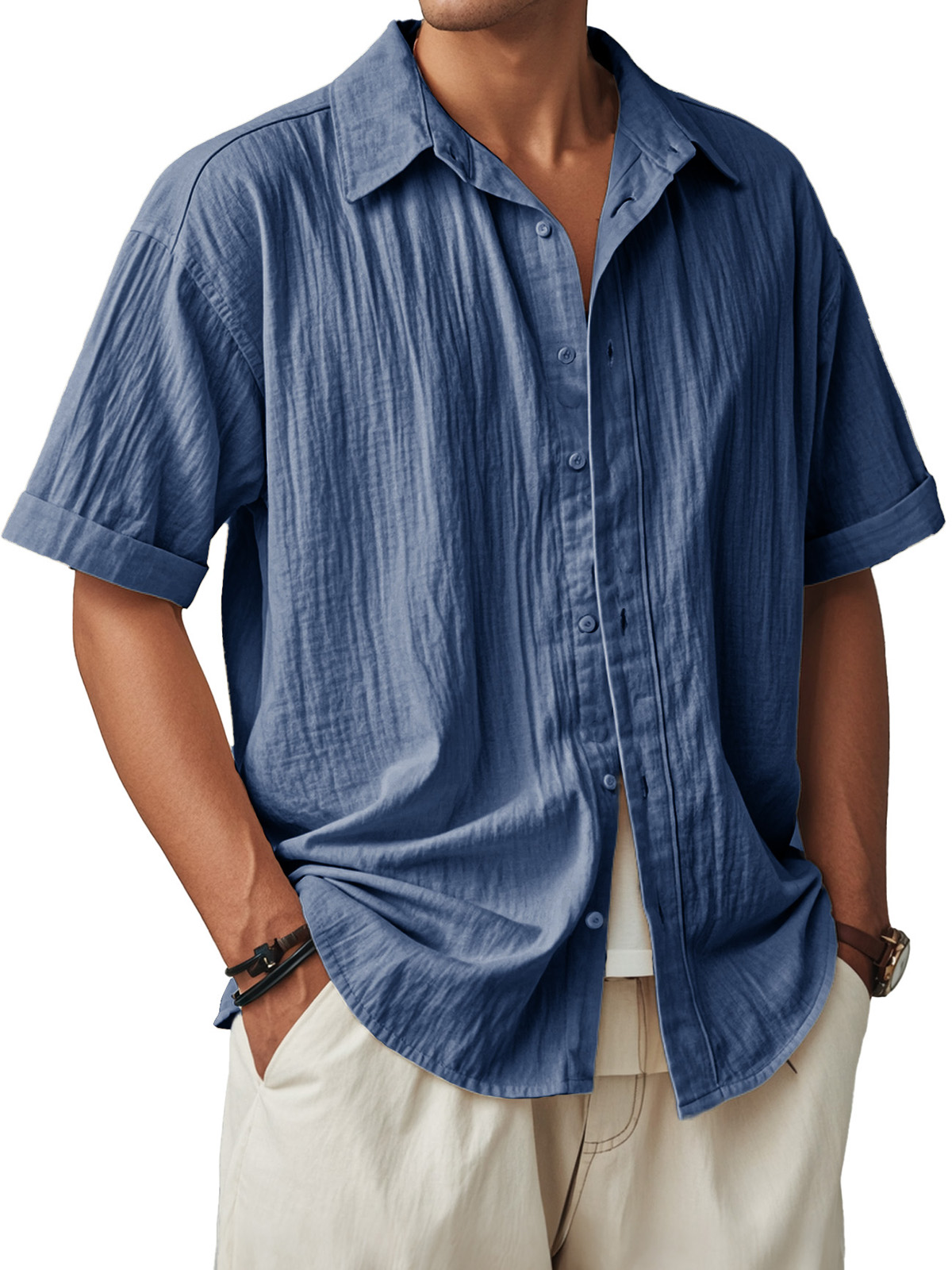 Men's Fashion Casual Pleated Fabric Short Sleeve Shirt