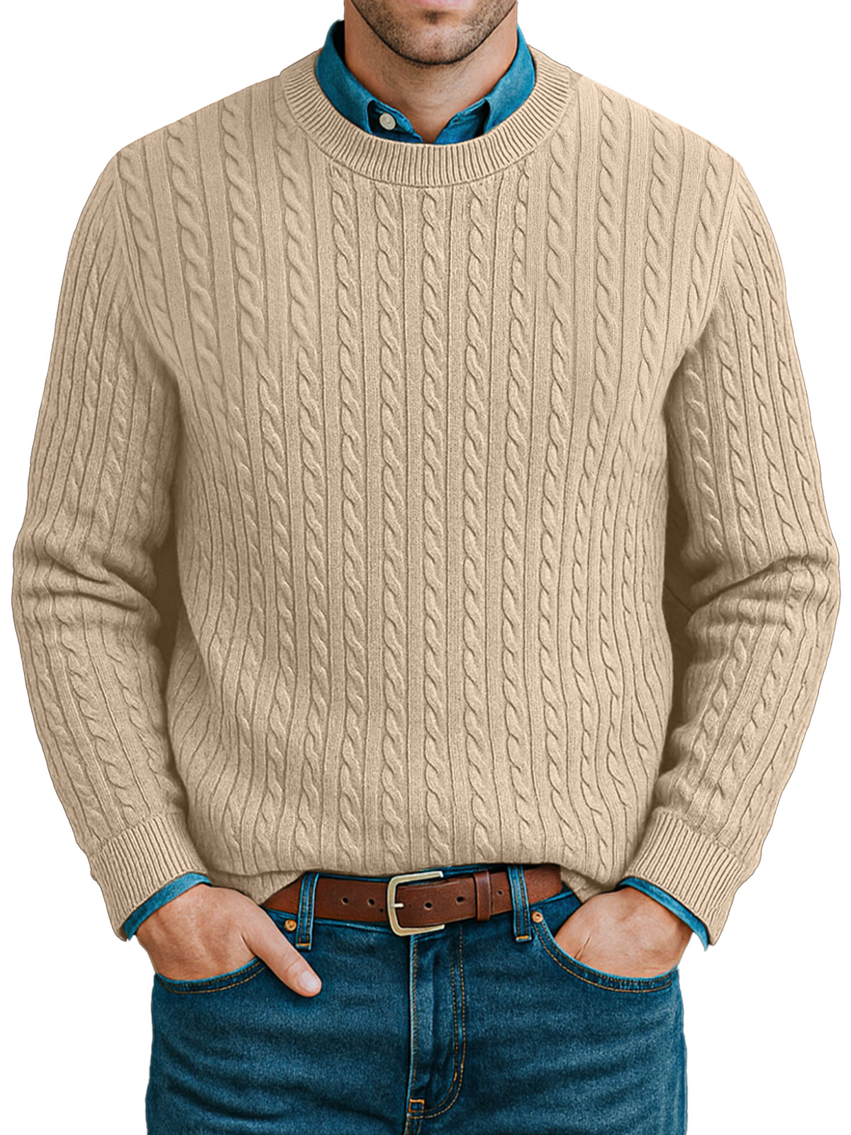 Men's Casual Twist Knitted Versatile Crew Neck Sweater