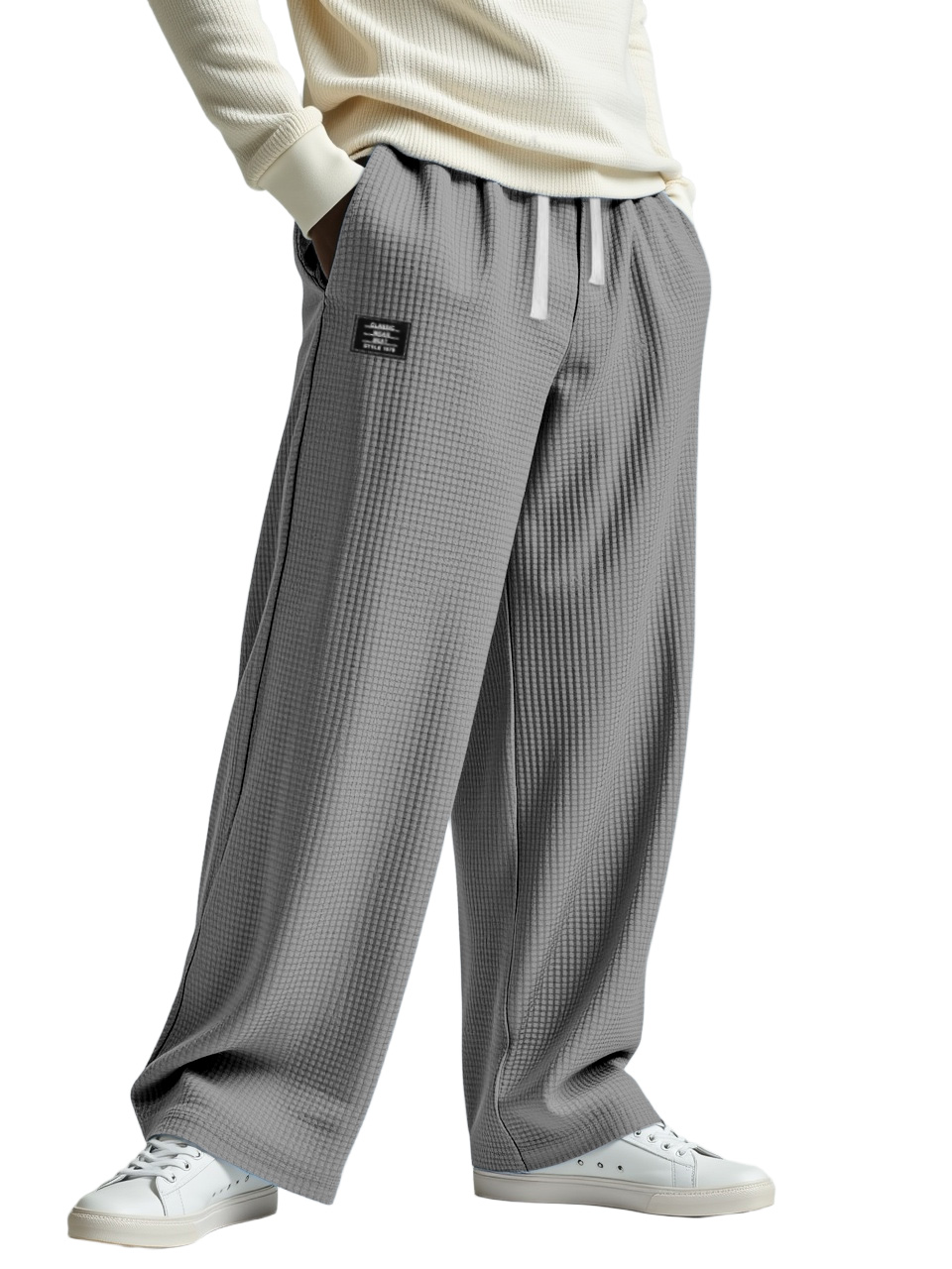 Men's Casual Solid Color Waffle Logo Loose Trousers