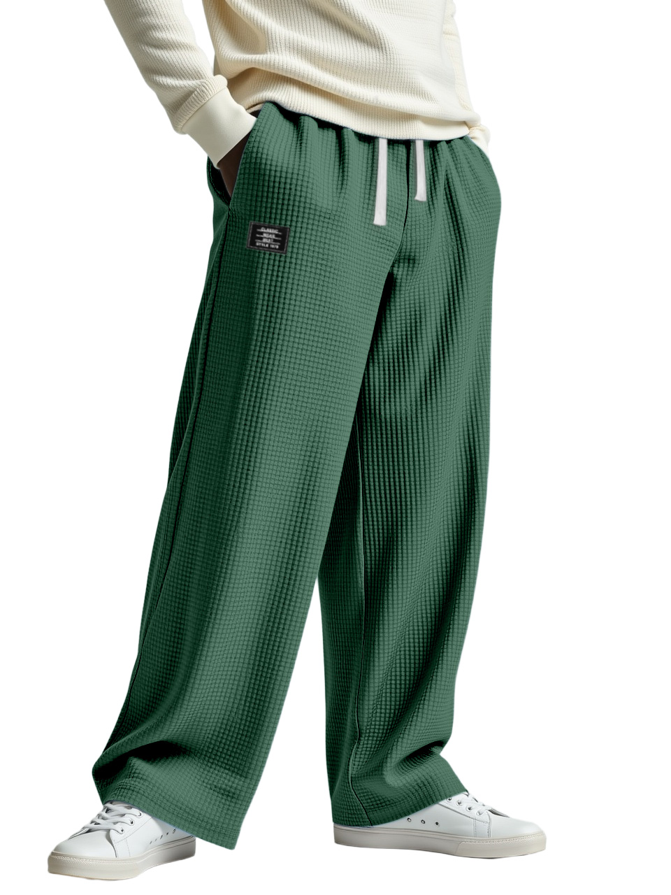 Men's Casual Solid Color Waffle Logo Loose Trousers