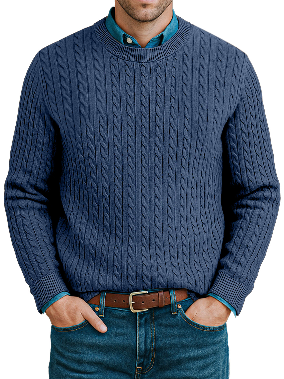 Men's Casual Twist Knitted Versatile Crew Neck Sweater