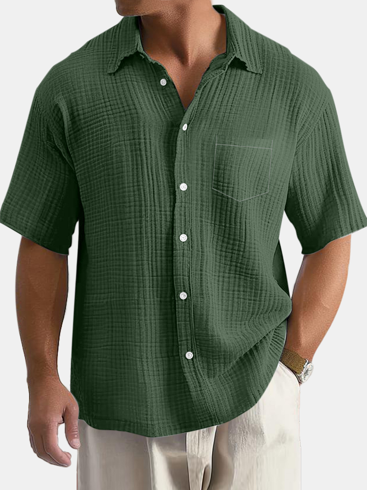 Men's Daily Simple Solid Color Textured Pocket Short-sleeved Shirt