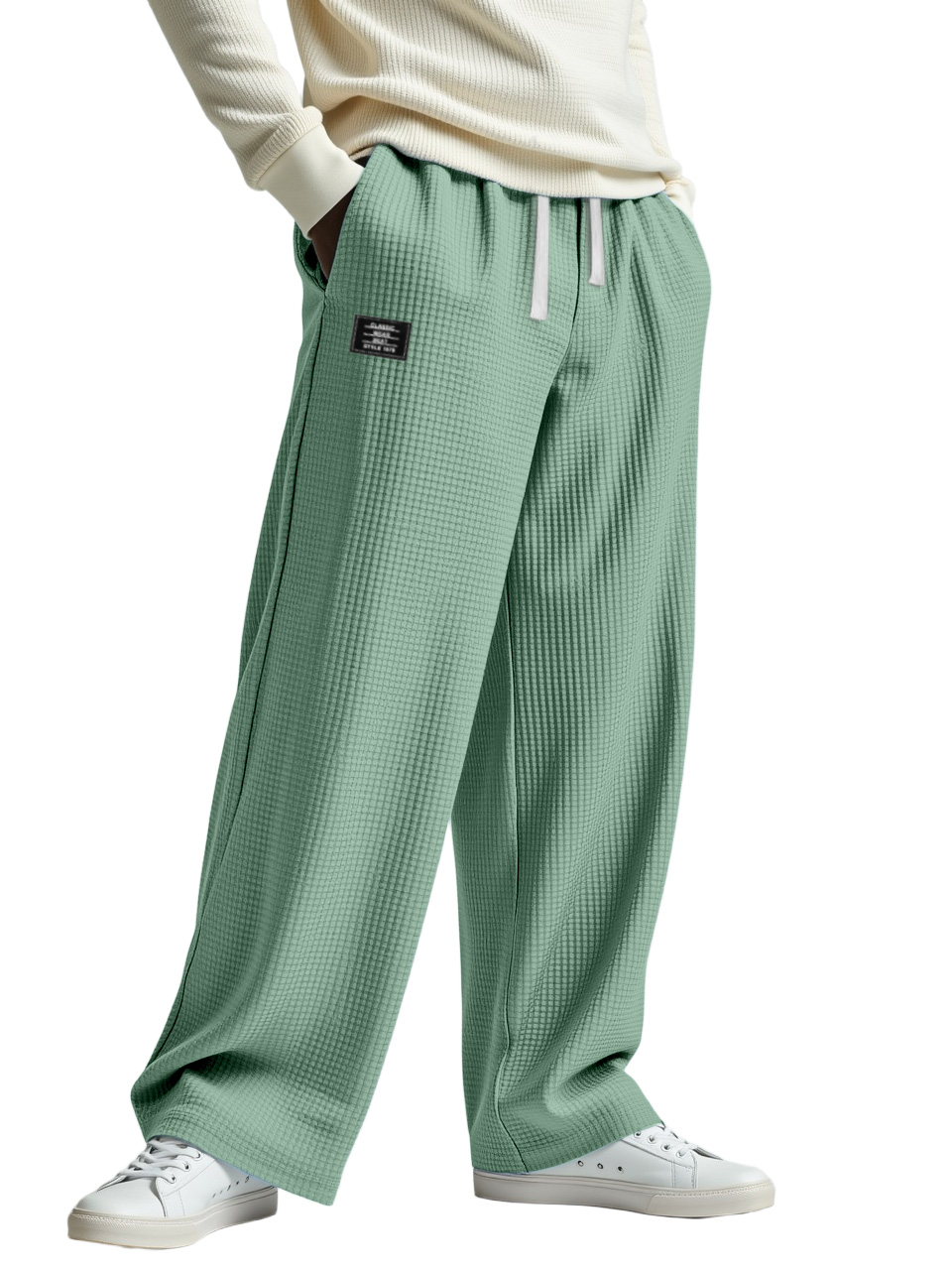Men's Casual Solid Color Waffle Logo Loose Trousers