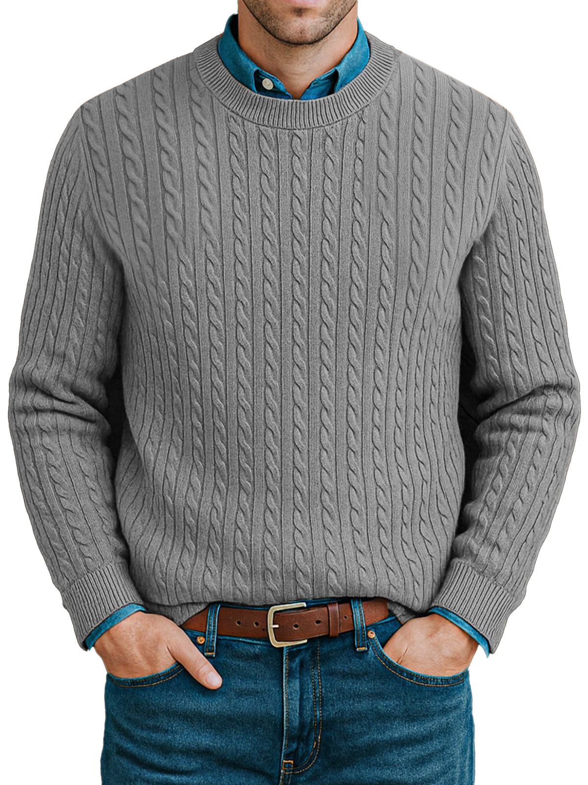 Men's Casual Twist Knitted Versatile Crew Neck Sweater