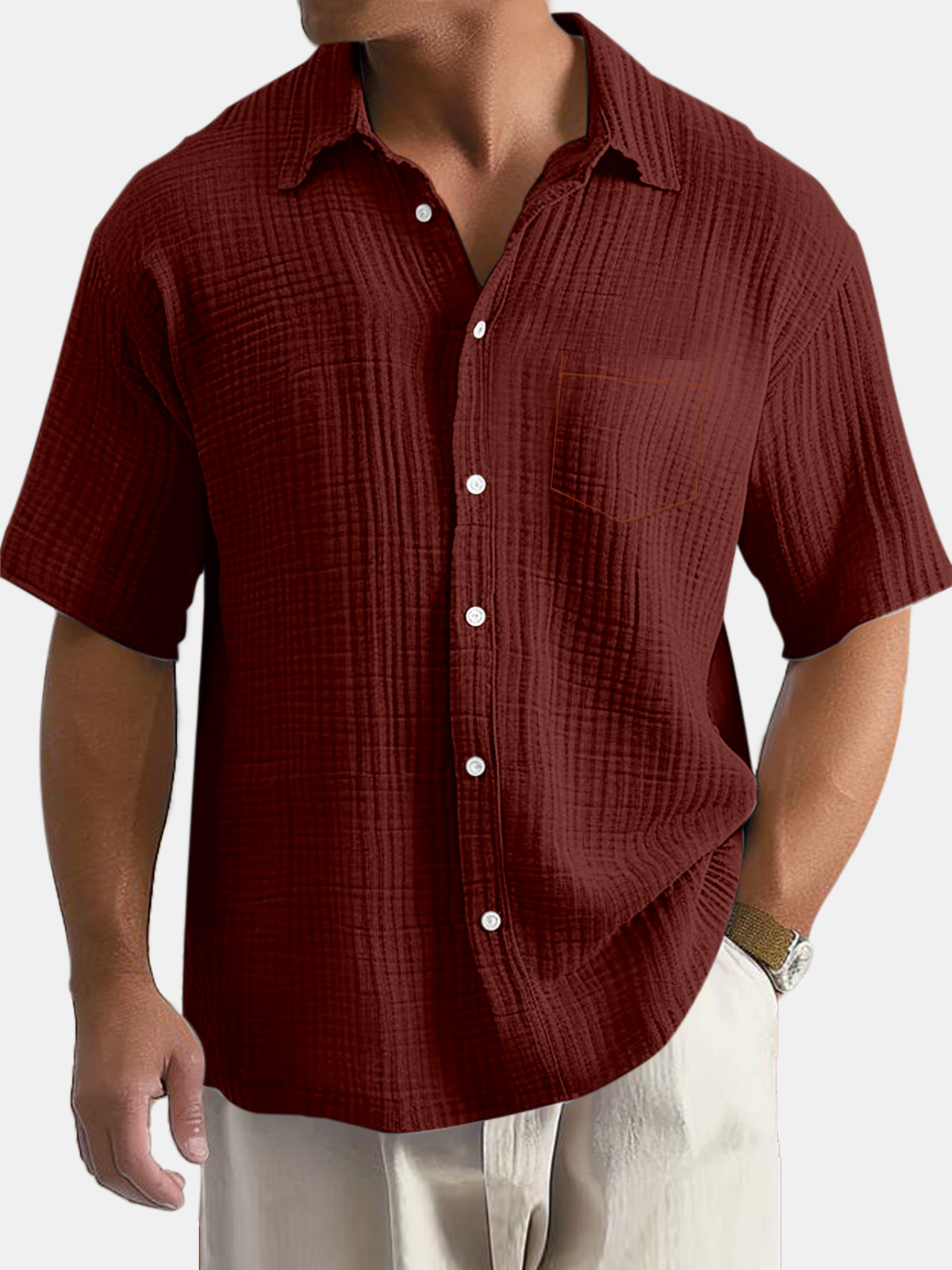 Men's Daily Simple Solid Color Textured Pocket Short-sleeved Shirt
