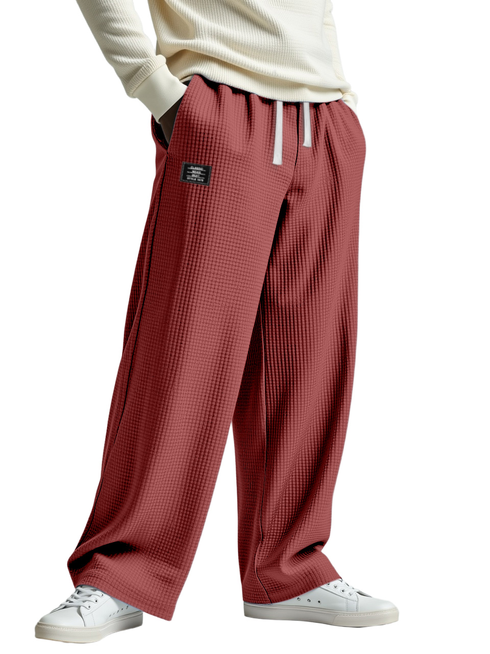 Men's Casual Solid Color Waffle Logo Loose Trousers