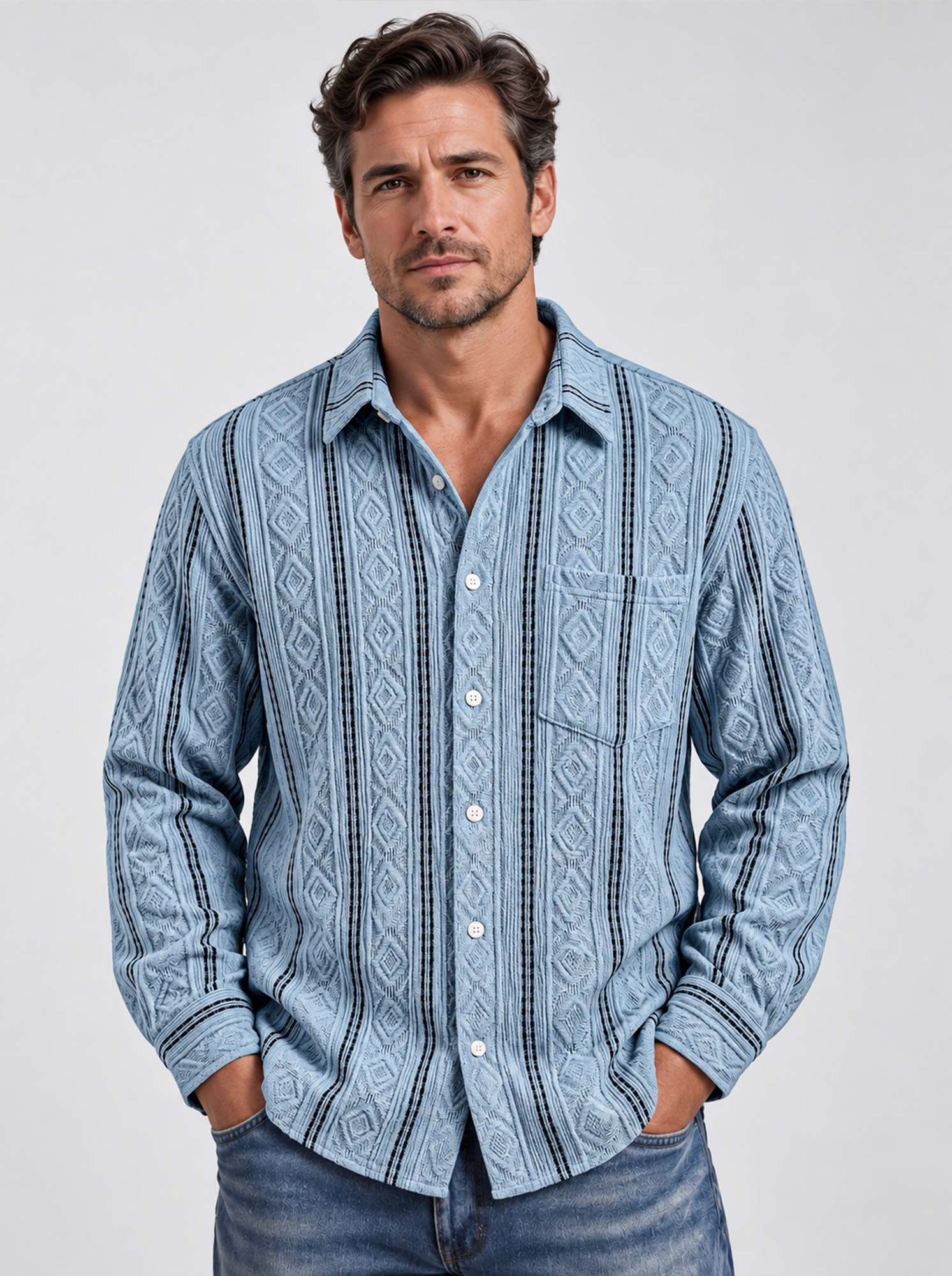 Men's Autumn Casual Long-Sleeve Shirt with Jacquard Texture
