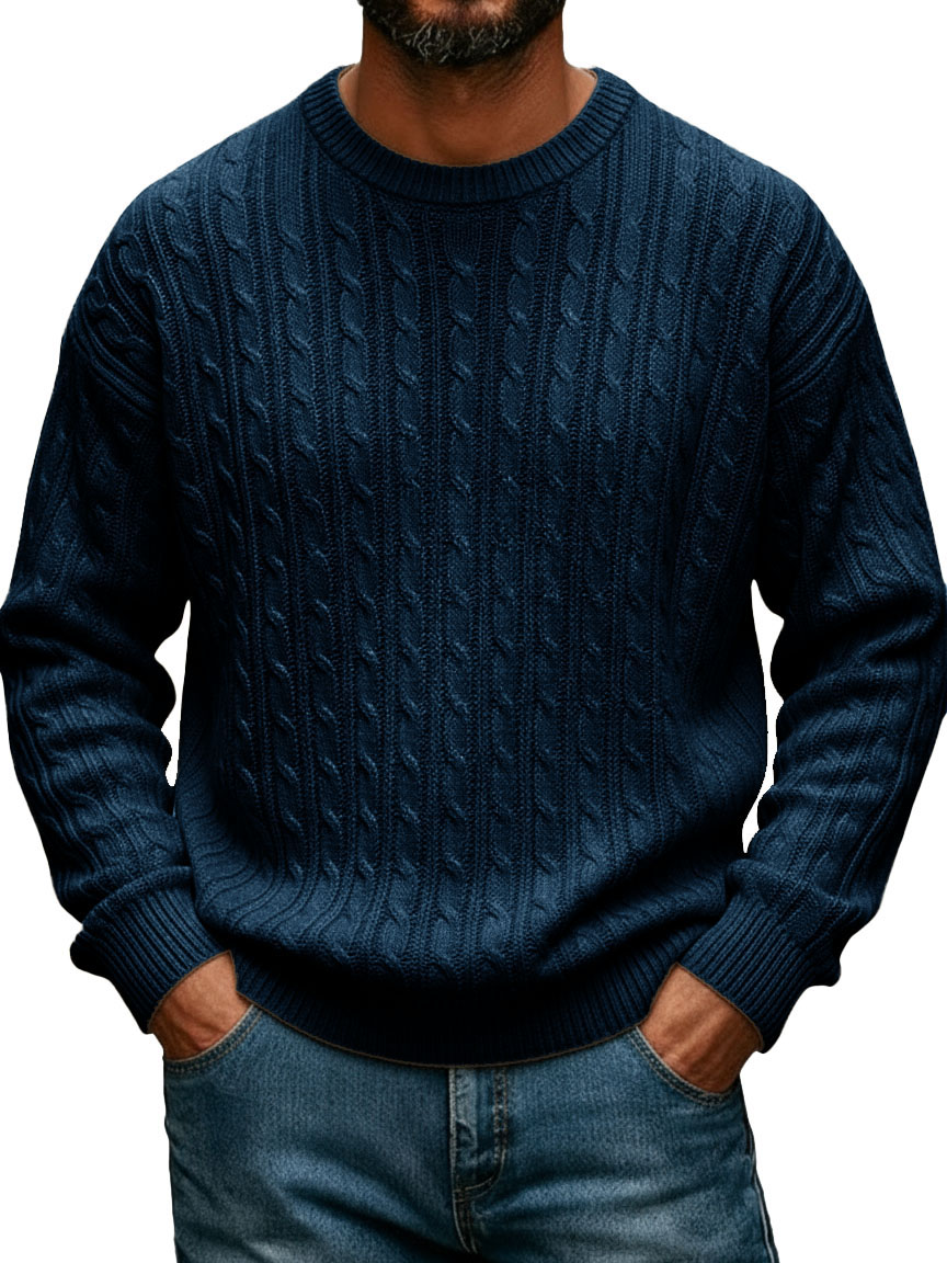 Men's Fashionable Casual Crew Neck Cable Knit Long-Sleeve Sweater