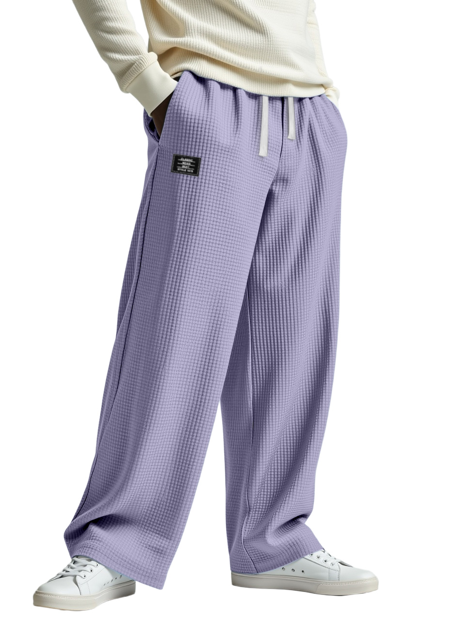 Men's Casual Solid Color Waffle Logo Loose Trousers