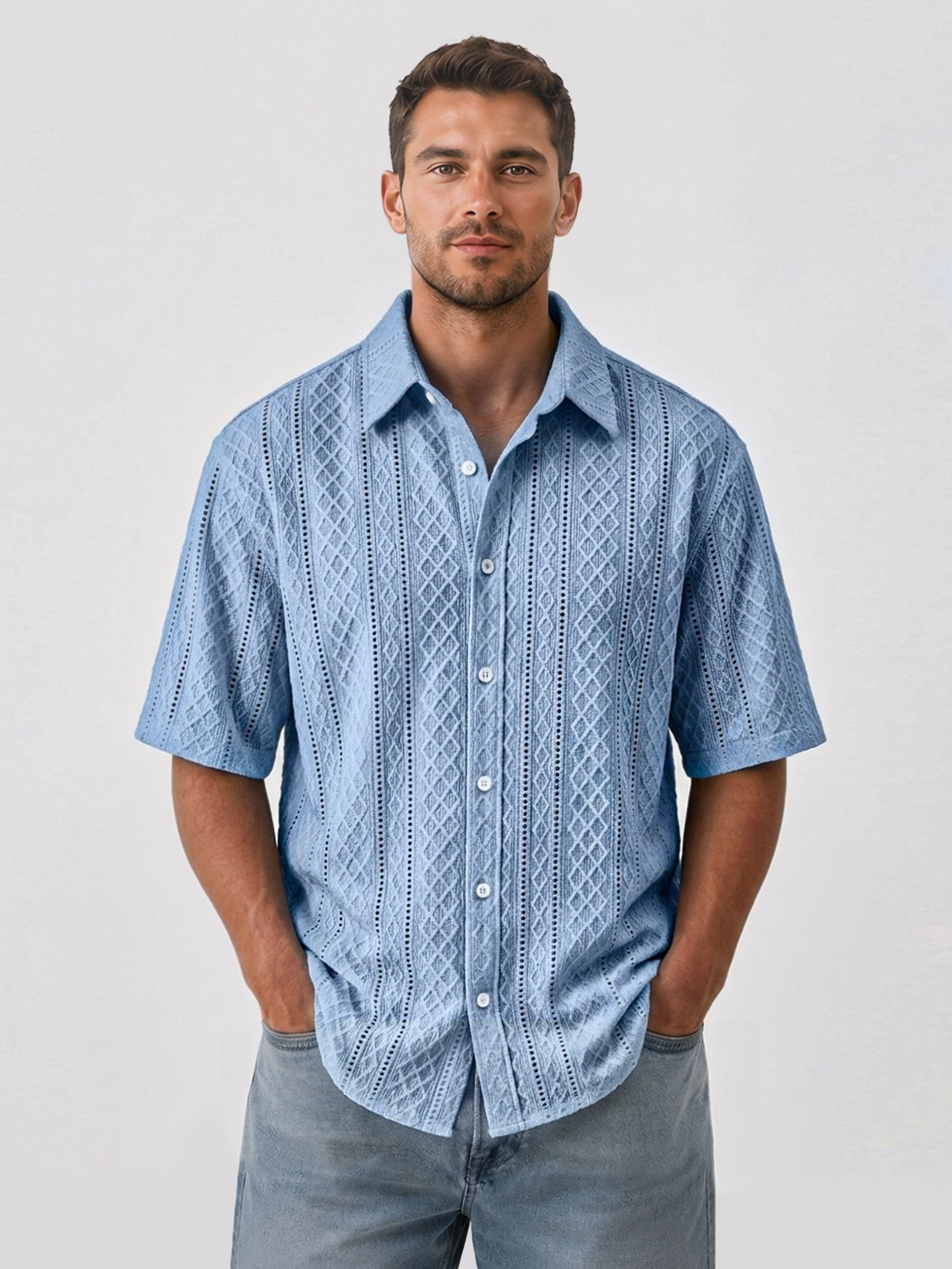 Men's Solid-Color Jacquard-Texture Casual Short-Sleeve Shirt