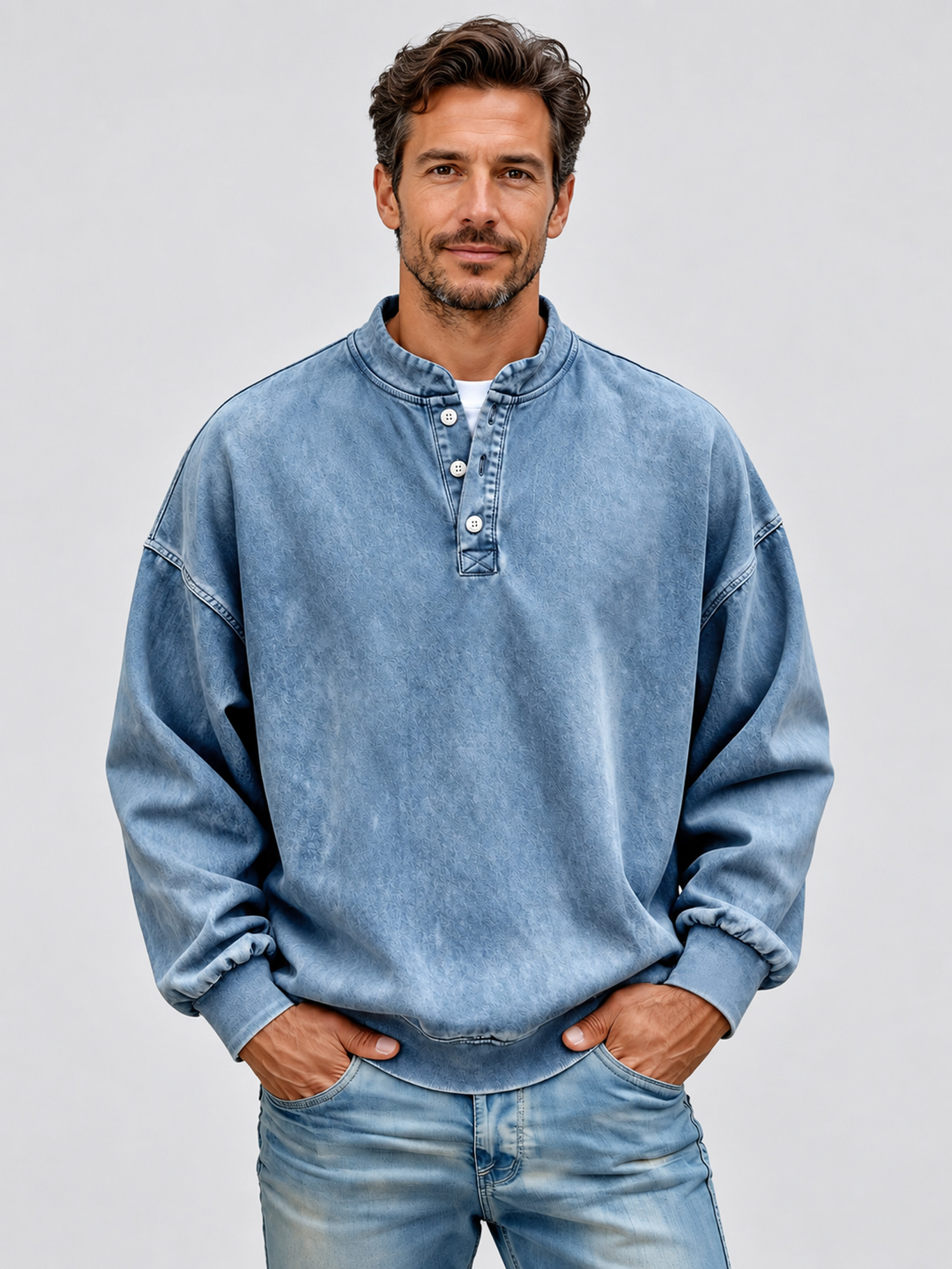 Men's Autumn/Winter Vintage Stand-Collar Button-Front Casual Sweatshirt