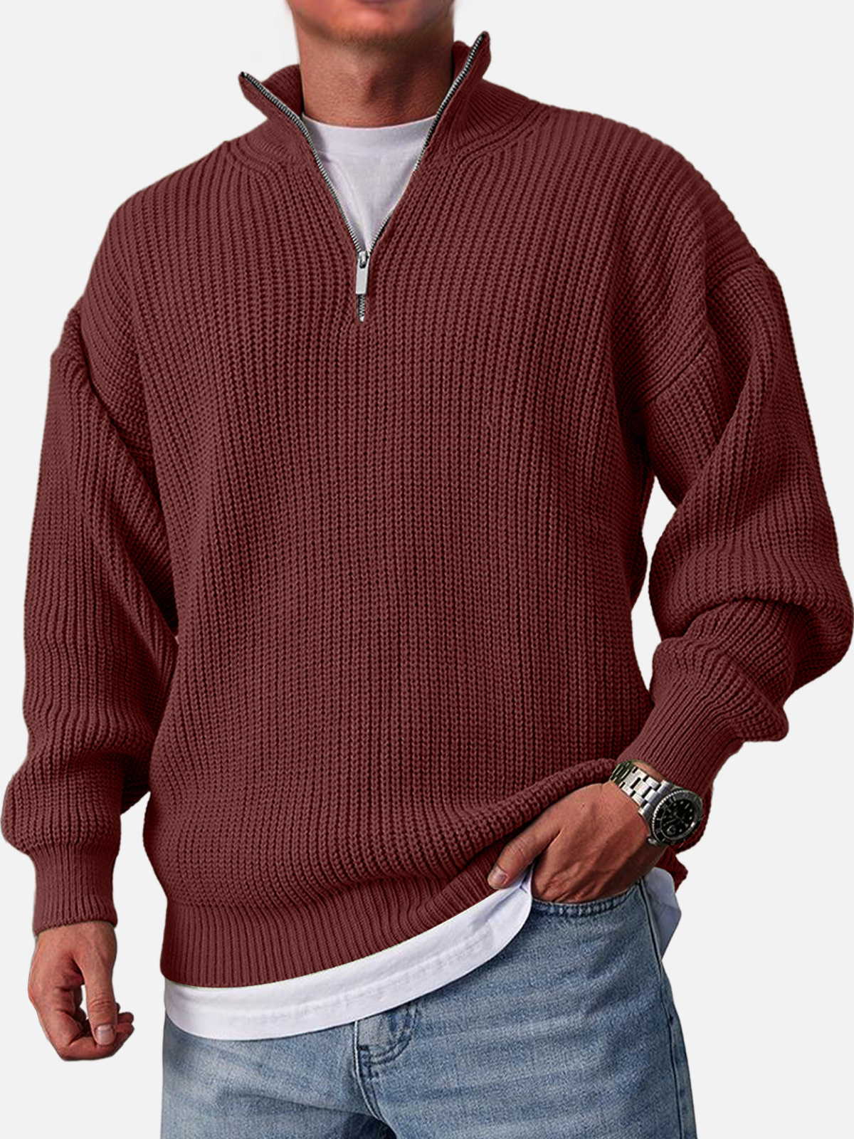 Men's Casual Fashion Loose Zipper Stand Collar Solid Color Sweater