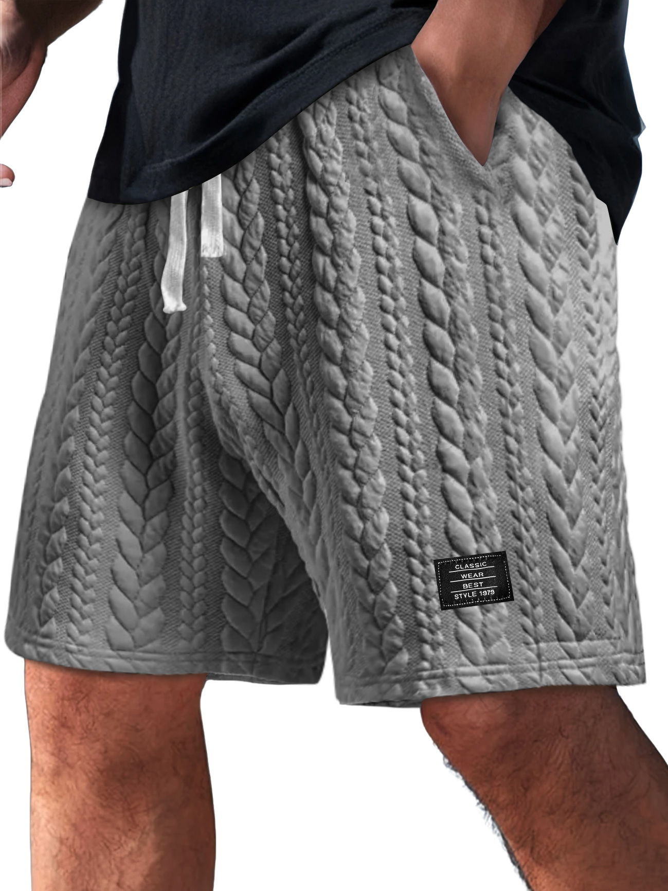 Men's Daily Twist Texture Embroidered Logo Loose Solid Color Shorts
