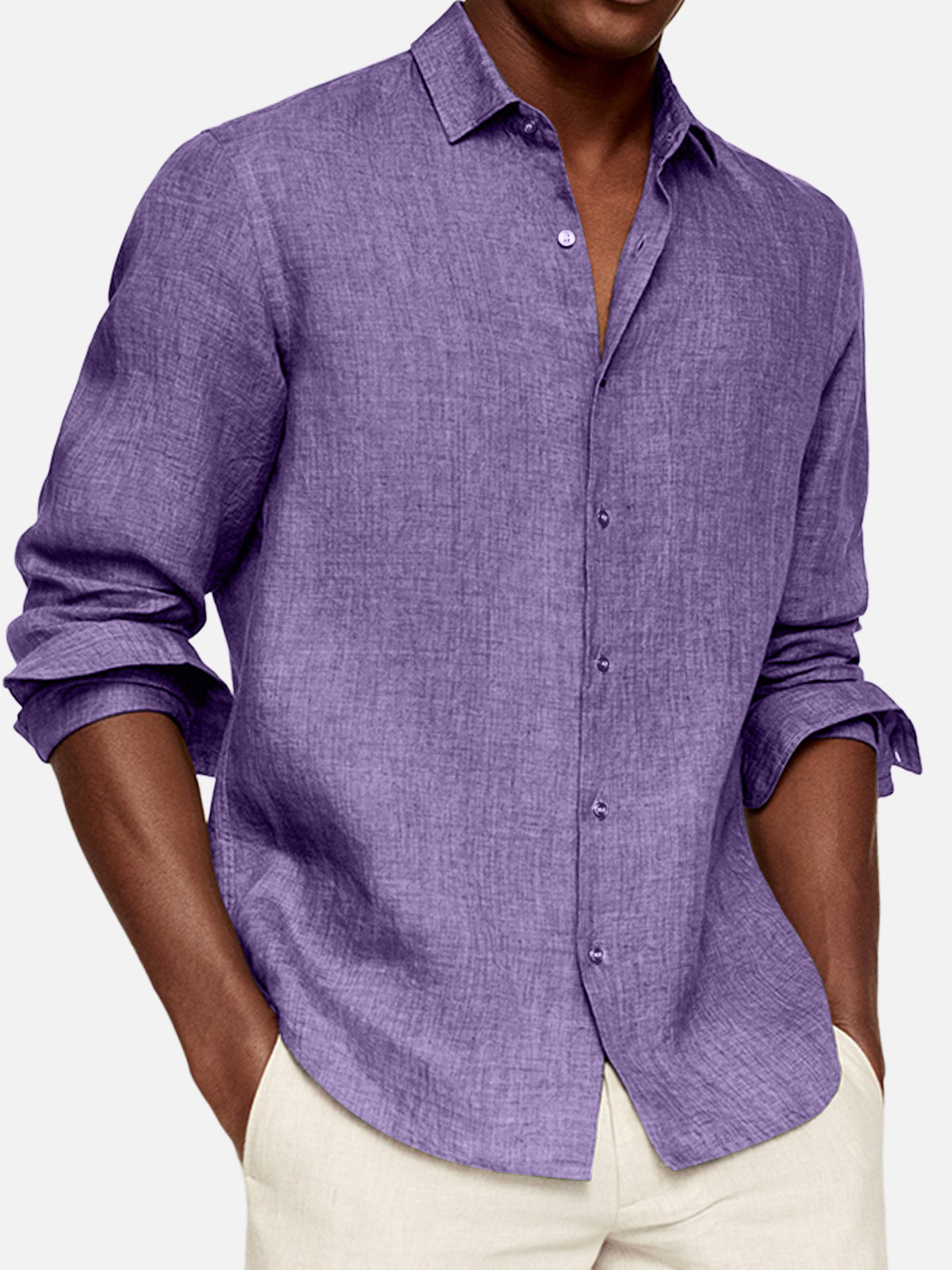 Men's Casual Cotton And Linen Solid Color Lapel Comfortable Long-sleeved Shirt
