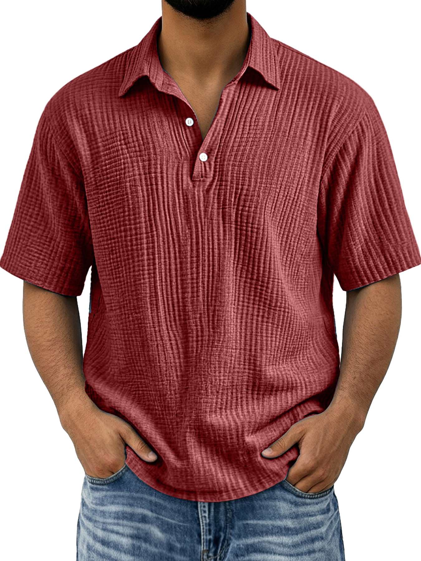 Men's Polo Shirt with Pleated Collar, Button-Down Casual Solid Color Short Sleeve