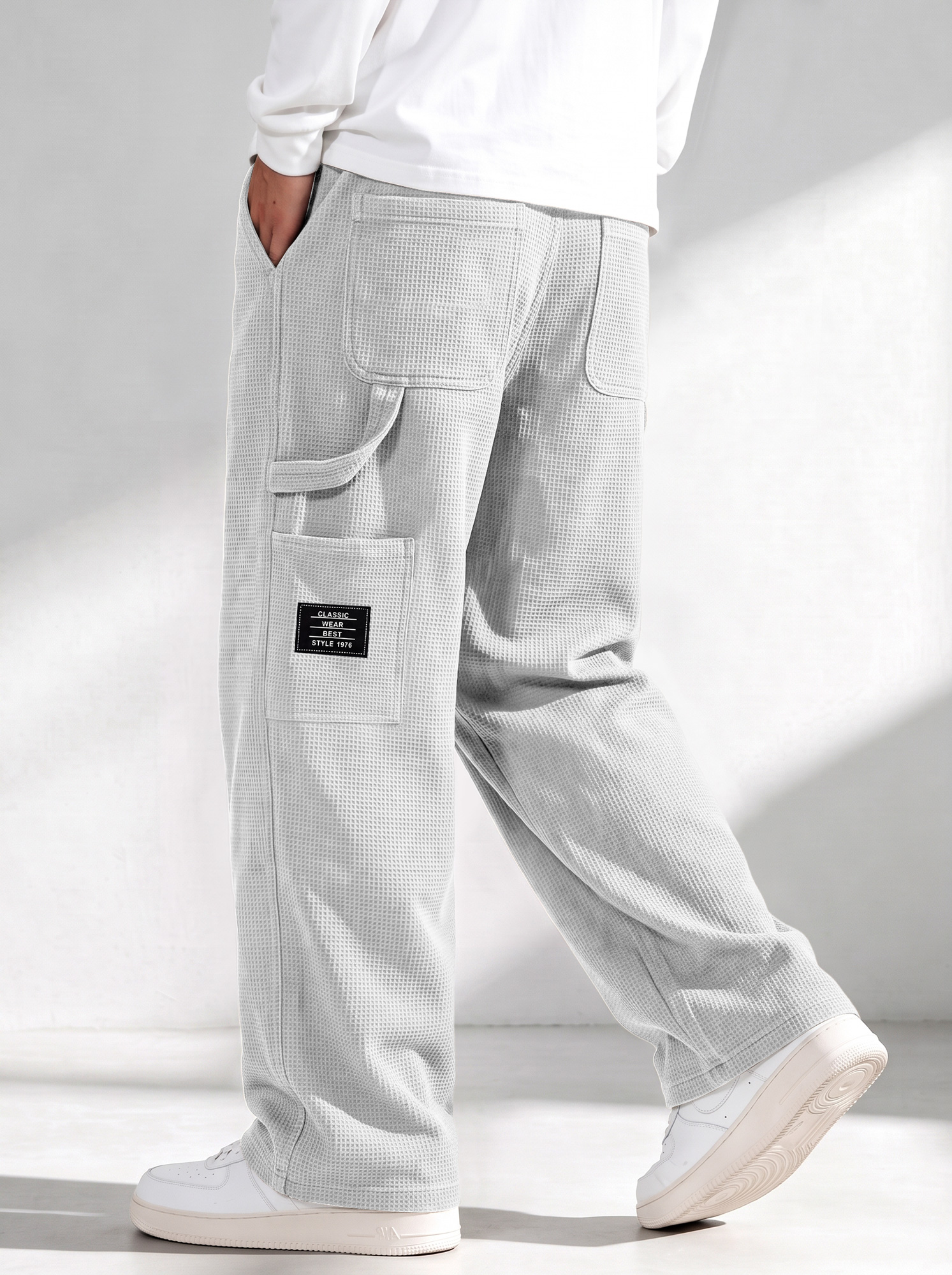 Men's Waffle-Knit Casual Cargo Pants with Multi-Pockets and Embroidered Logo