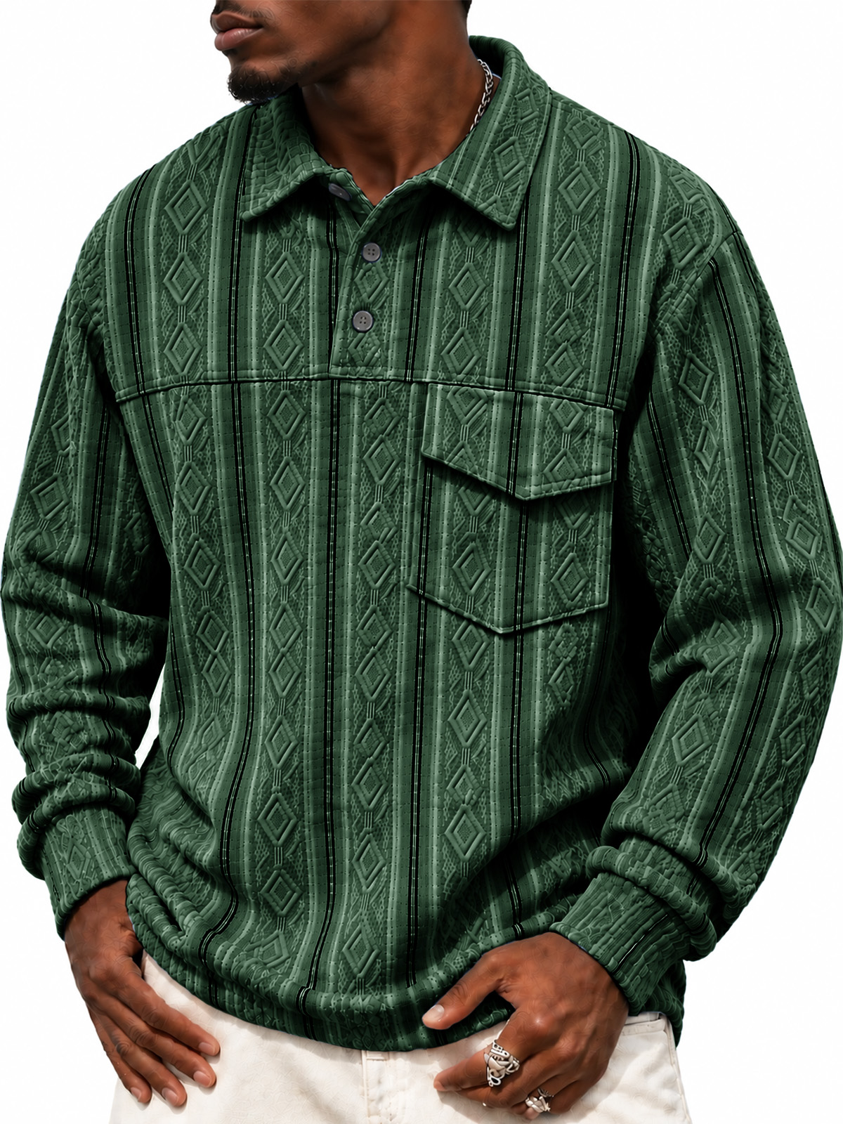 Men's Casual Jacquard Long-Sleeve Polo Shirt