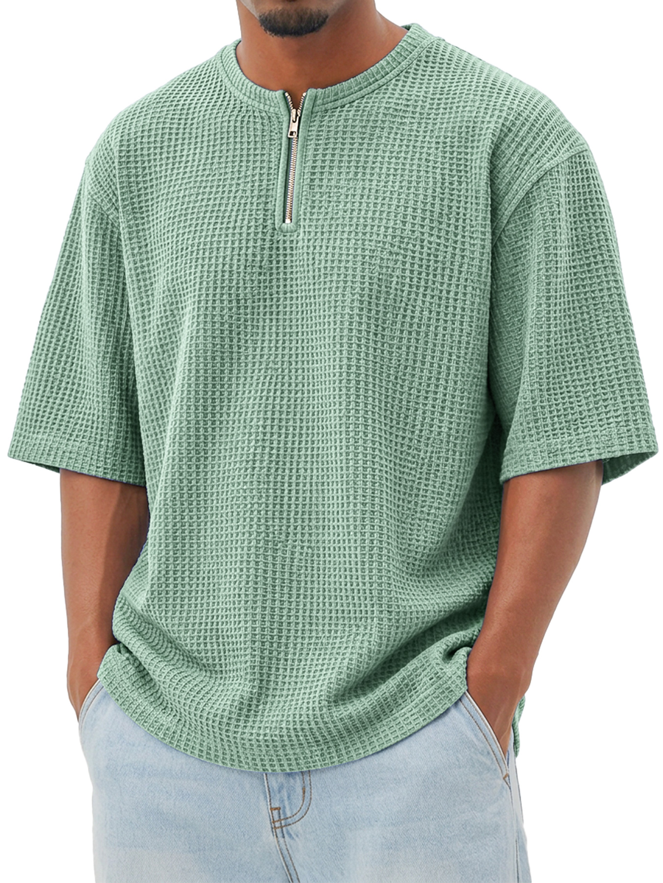 Men's Waffle-Knit Crew-Neck Short-Sleeve T-Shirt with Zipper Detail