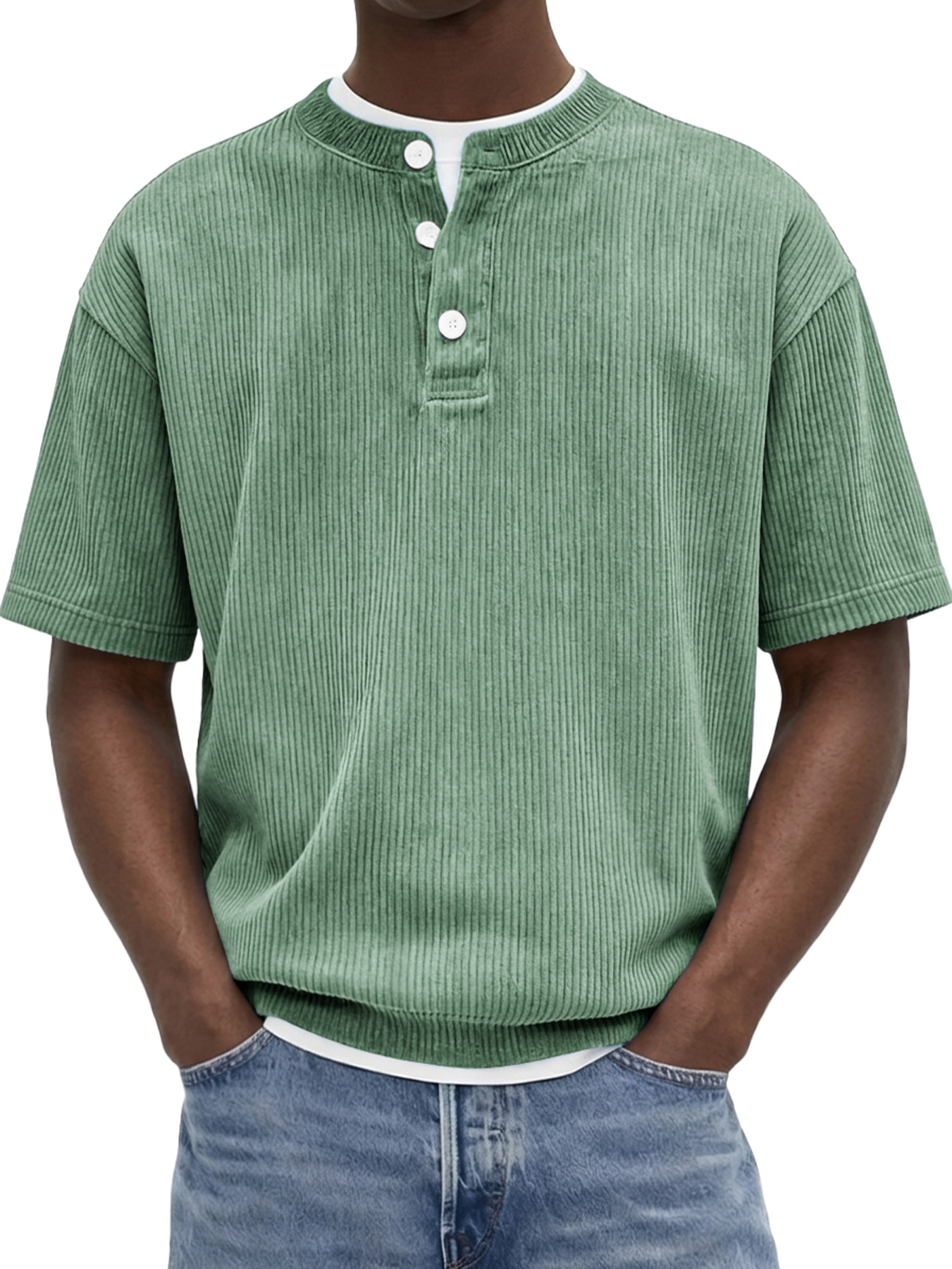 Men's Retro Corduroy Casual Short-Sleeve Henley Shirt