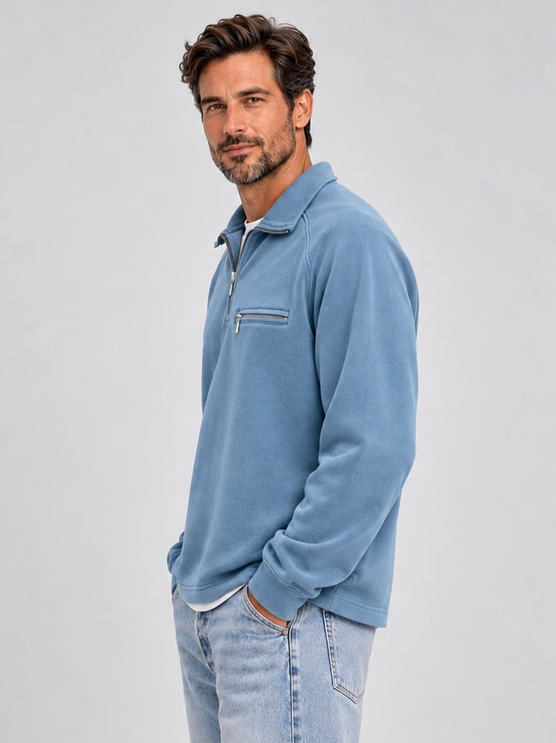 Men's Quarter-Zip Casual Sweatshirt with Collar and Zippered Pocket