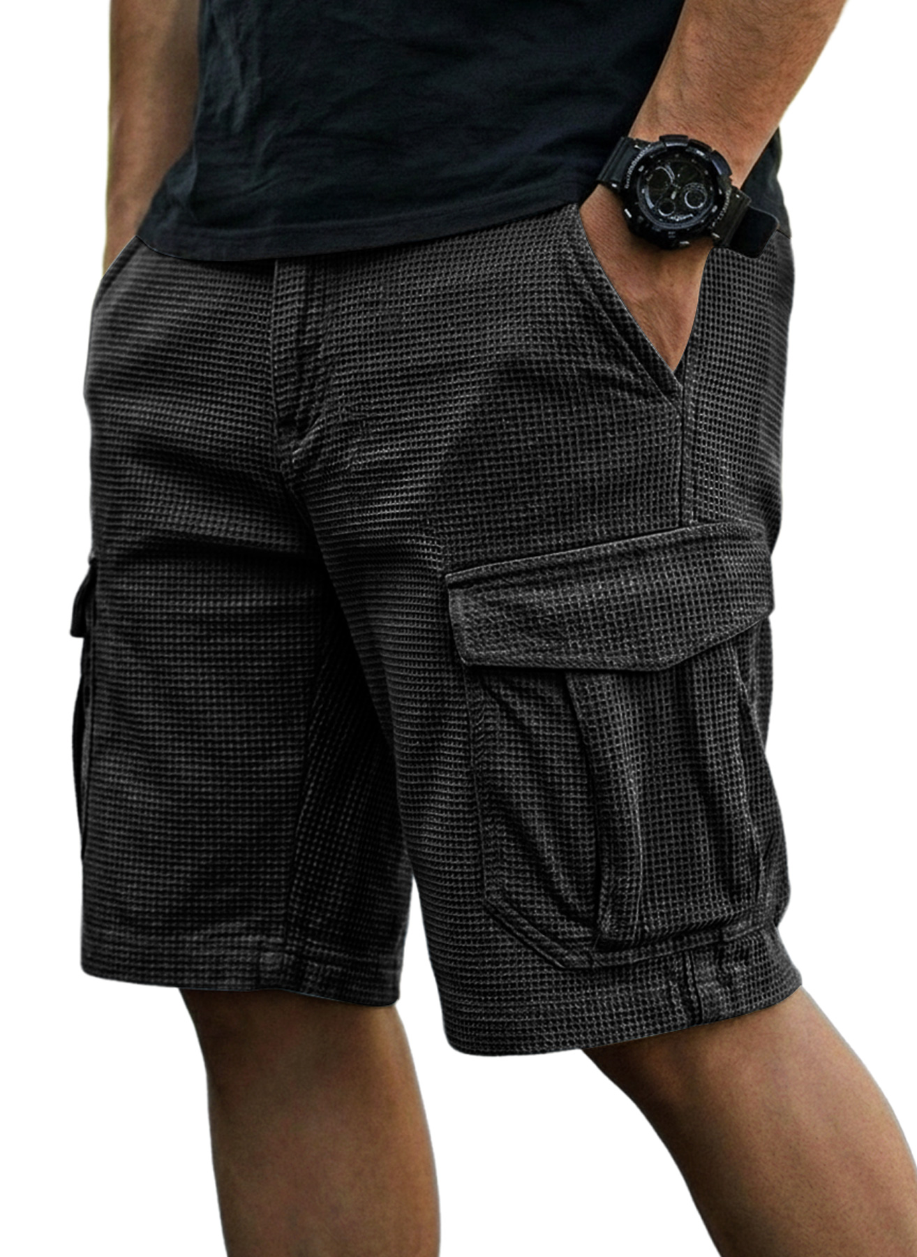 Men's Casual Waffle-Knit Multi-Pocket Cargo Shorts