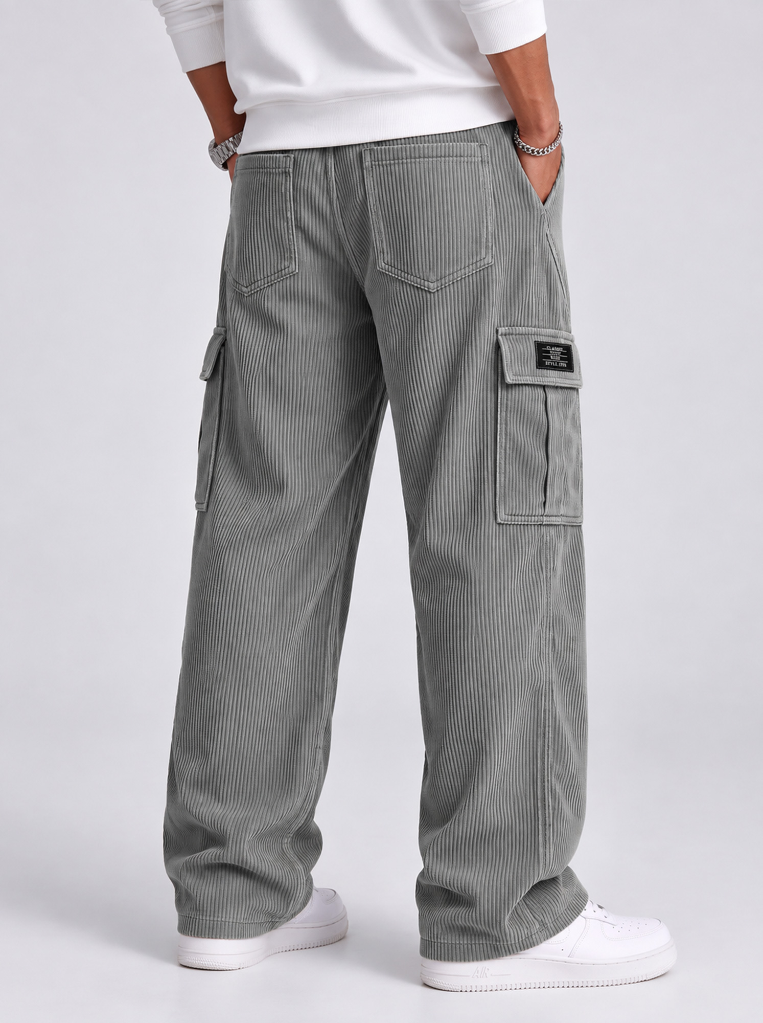 Men's Corduroy-Paneled Casual Cargo Pants with Contrast Stitching and Multiple Pockets