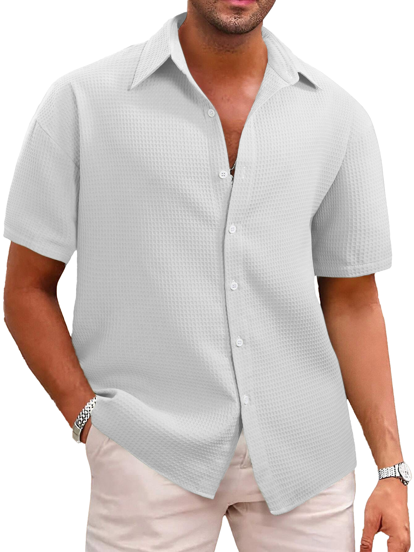 Hawaiian Men's Casual Lapel Waffle Fabric Short Sleeve Shirt