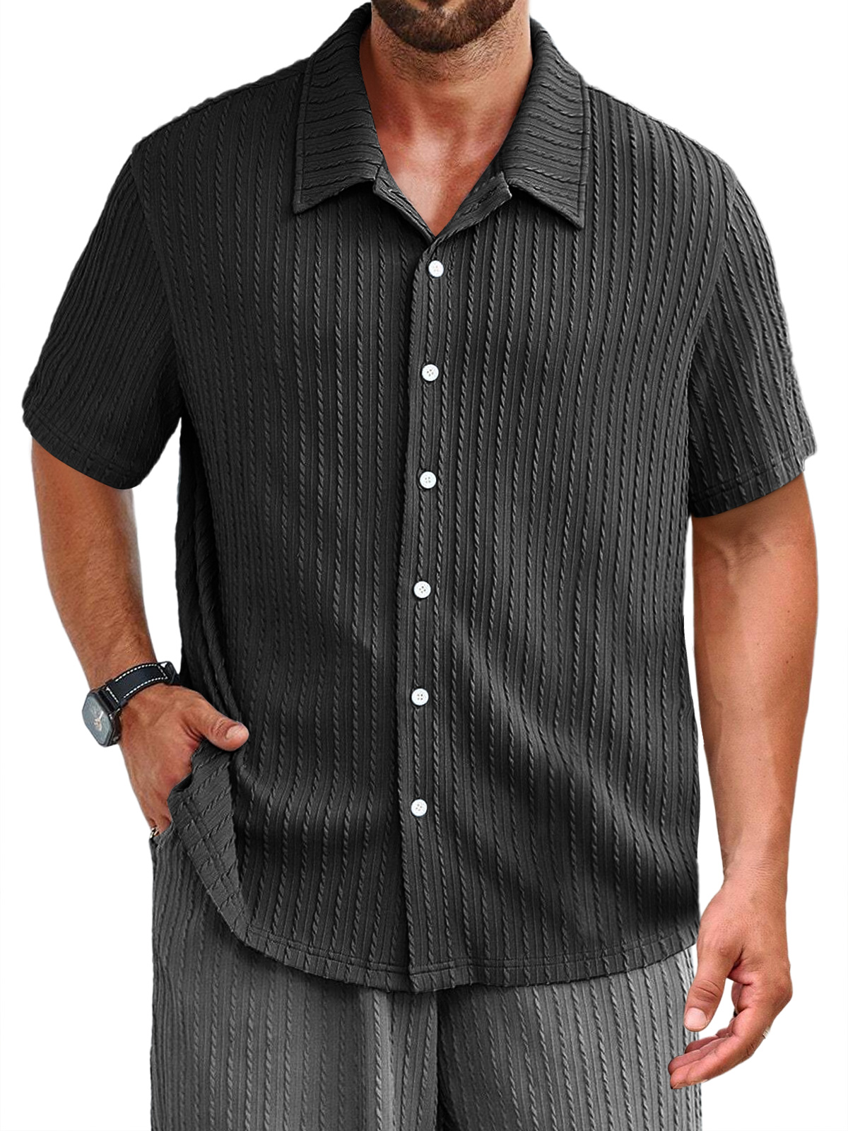 Men's Daily Jacquard Texture Casual Solid Color Short-sleeved Shirt