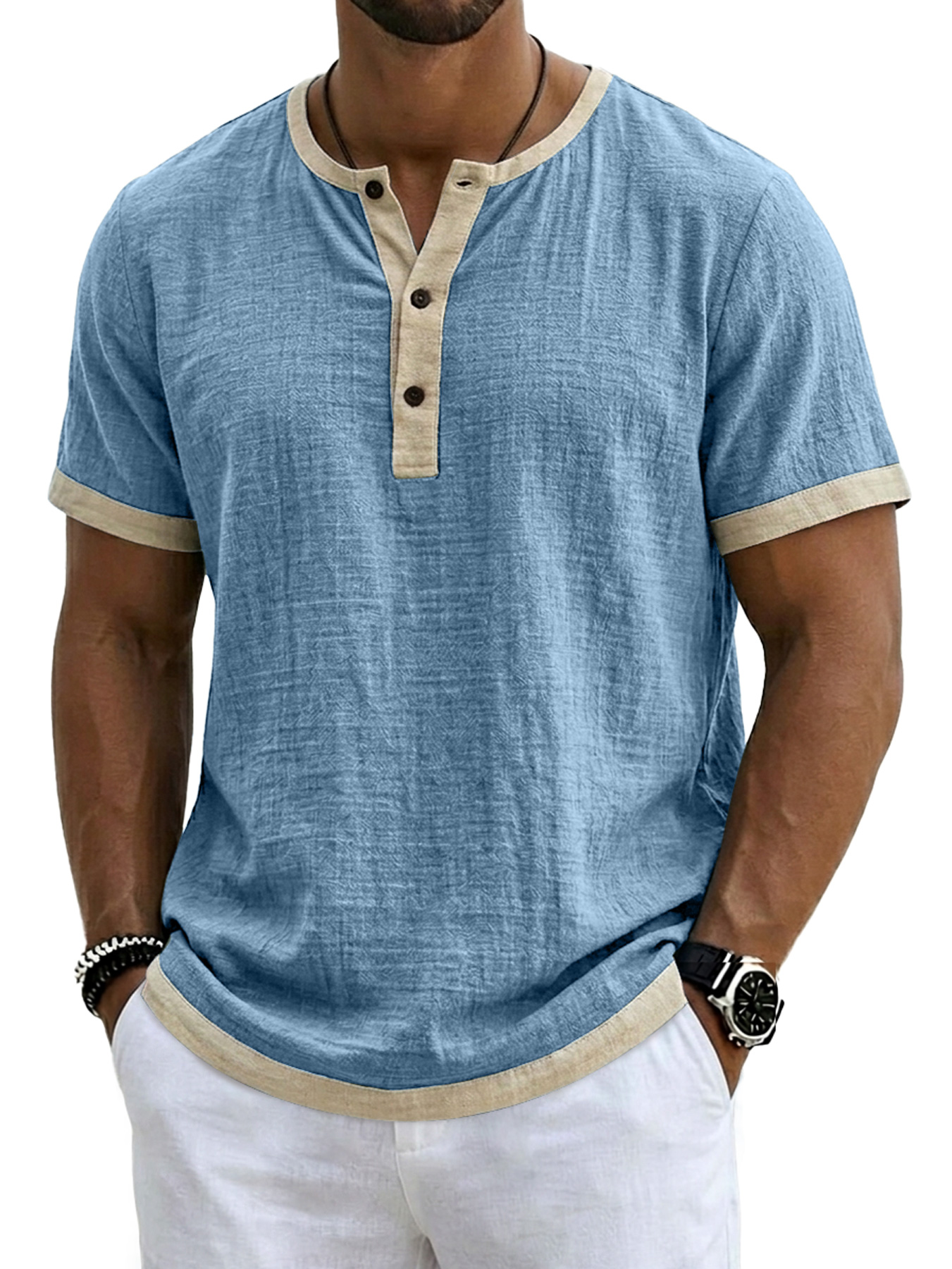 Men's Retro Linen Color Block Casual Short-Sleeve Henley Shirt