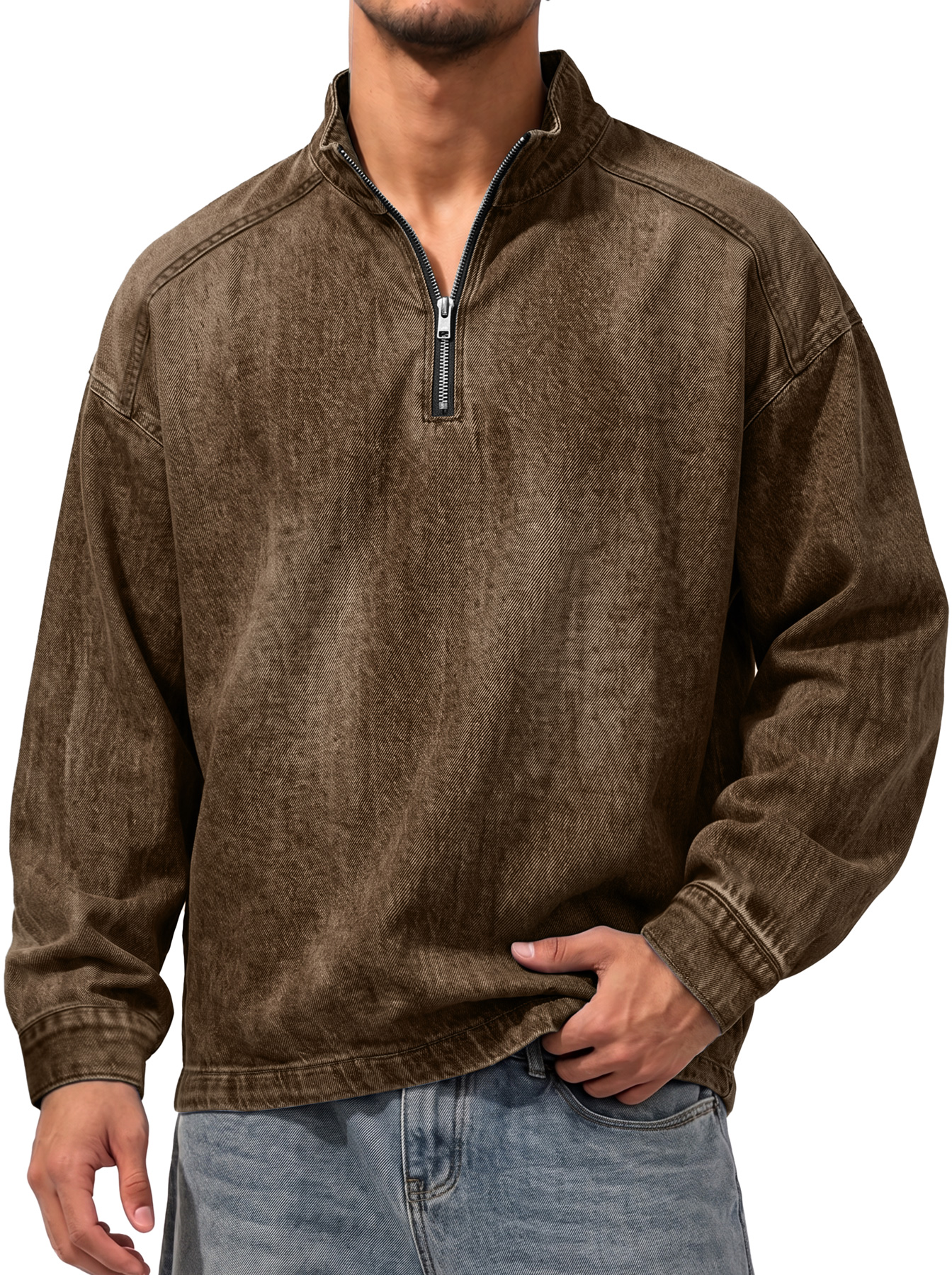 Men's Vintage Denim-Style Stand-Collar Zip-Front Casual T-Shirt