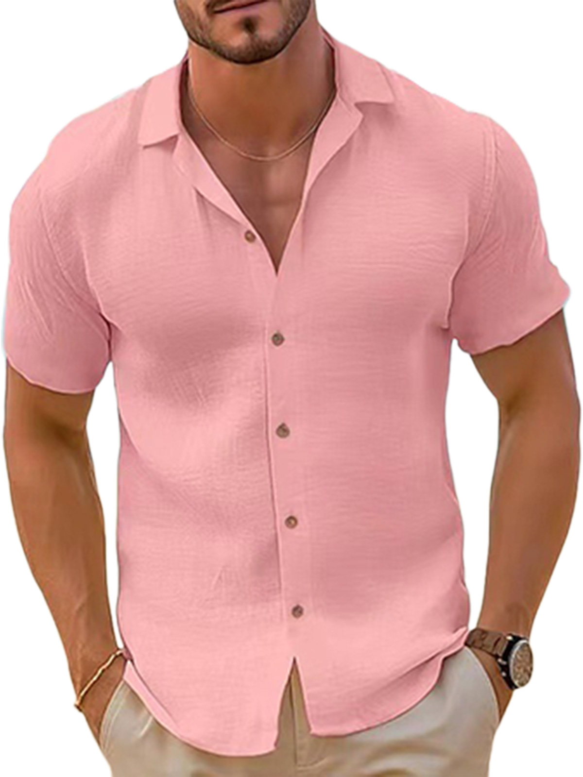 Men's beach solid color lapel cotton short-sleeved shirt