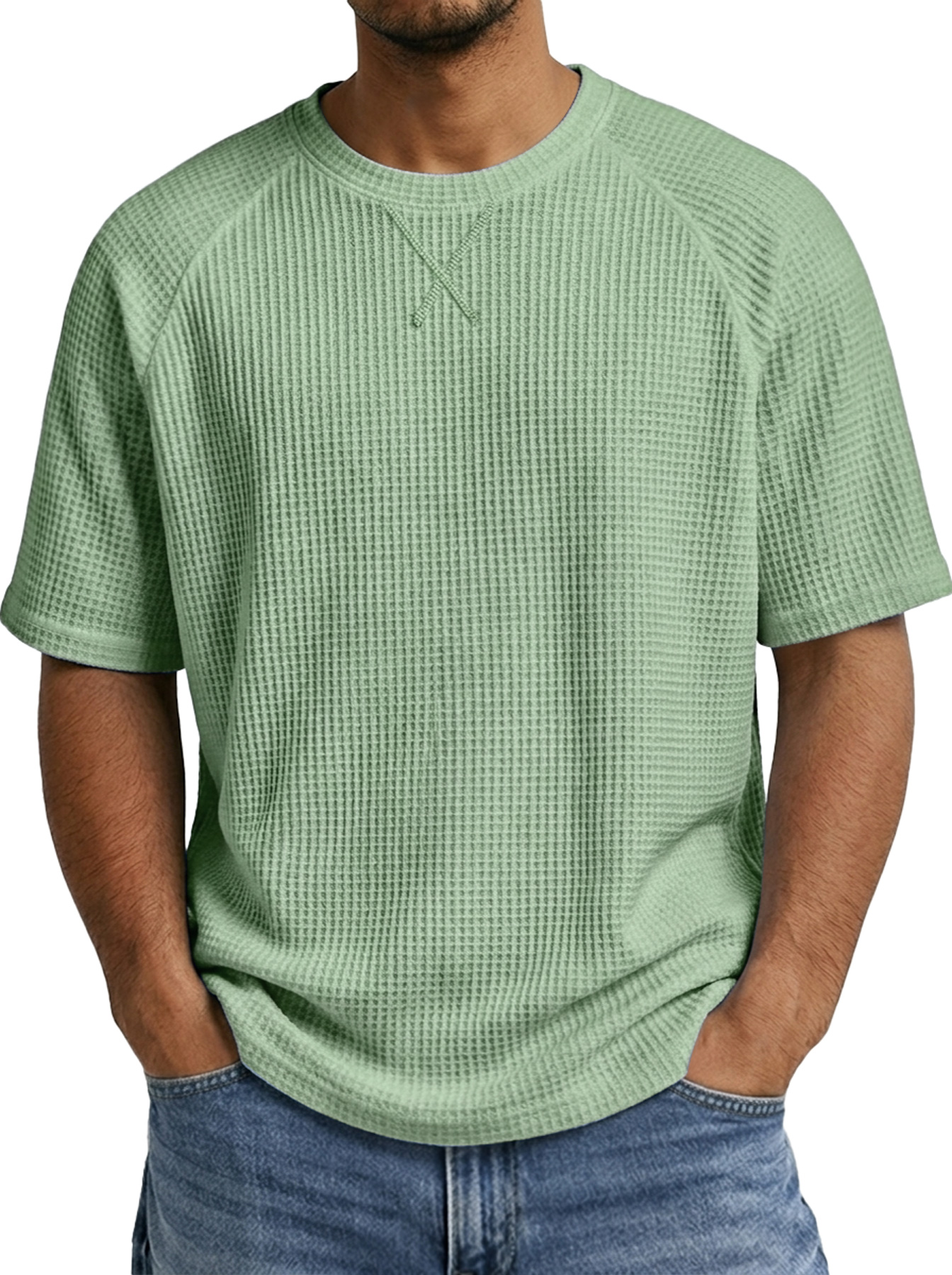 Men's Crew Neck Raglan Waffle Crossover Design Casual Short-Sleeve T-Shirt