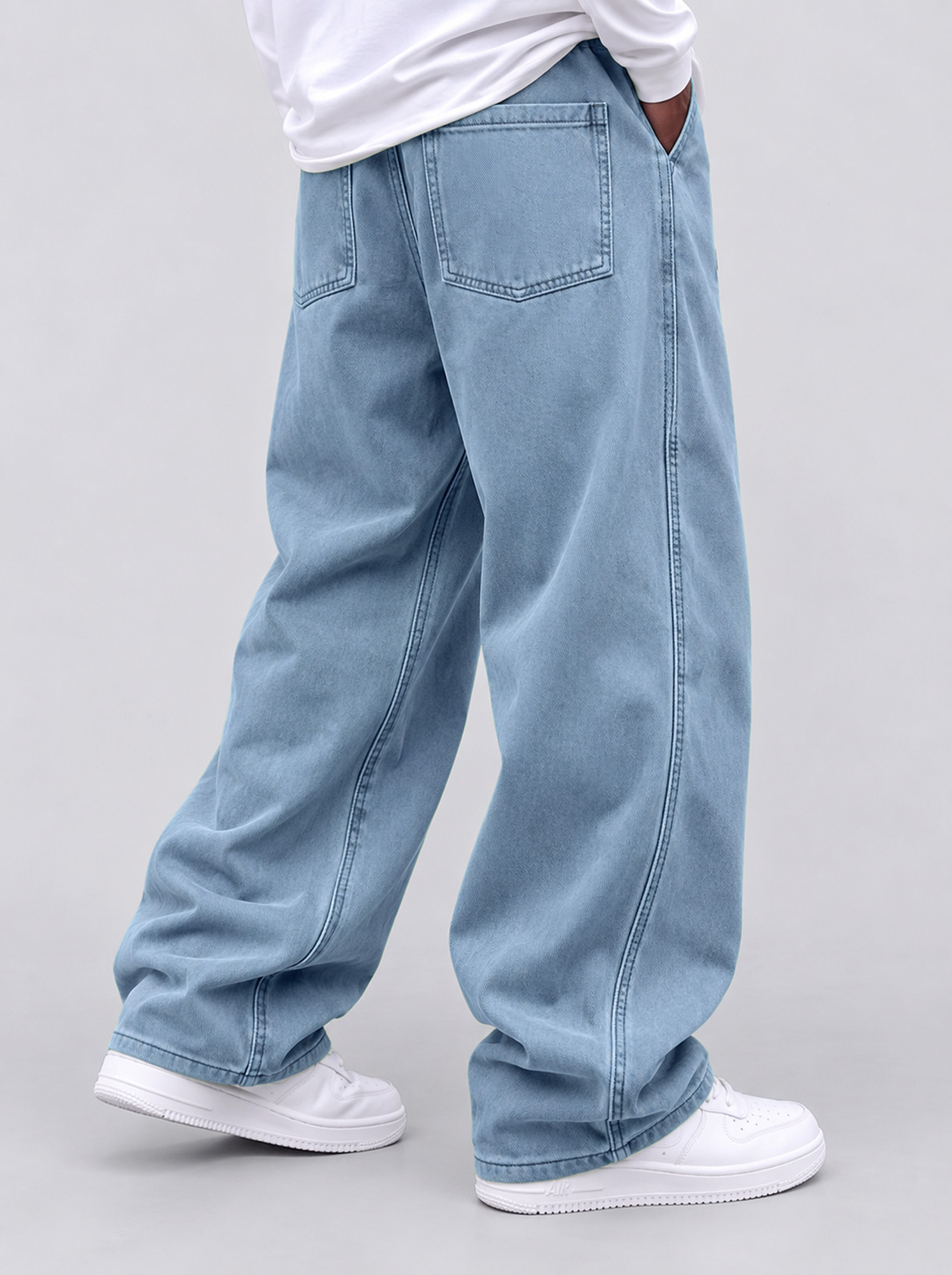 Men's casual straight-leg trousers with a deconstructed design and patch pockets.