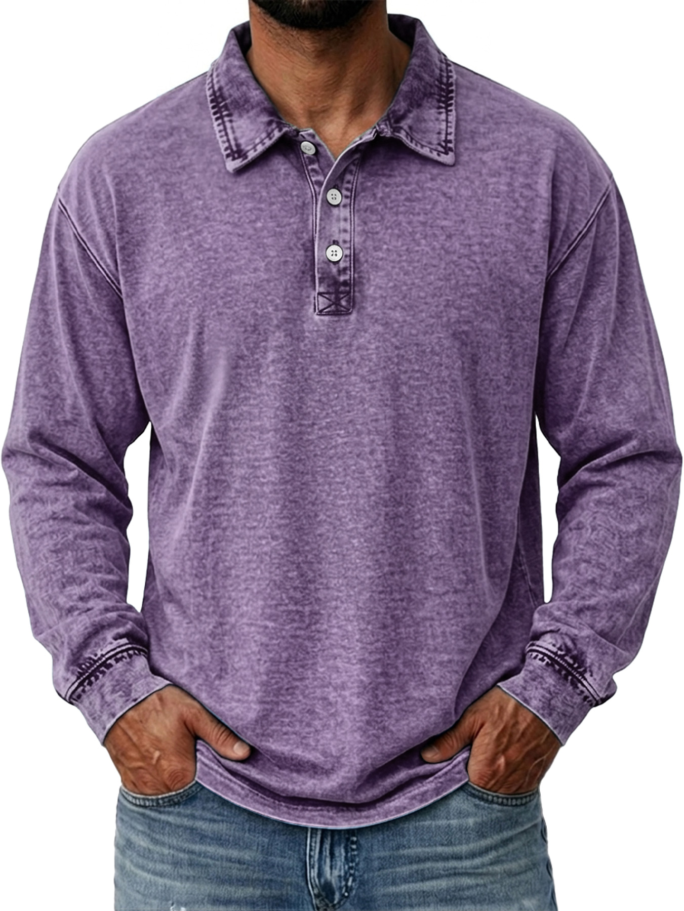 Men's Vintage Washed Cotton Long-Sleeve Polo Shirt with Collar and Button Placket