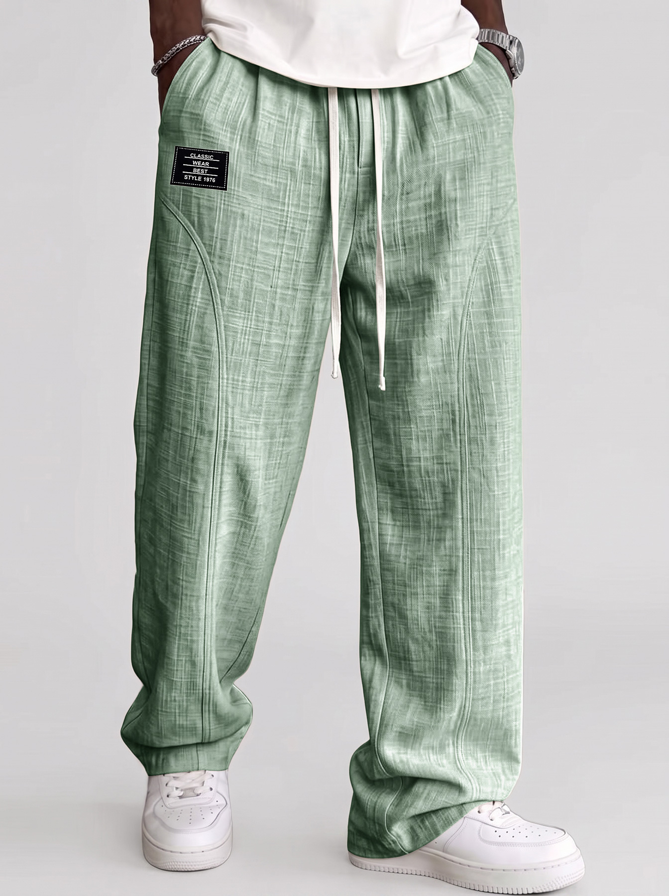 Men's Comfortable Cotton-Linen Casual Trousers with Deconstructed Design and Embroidered Logo