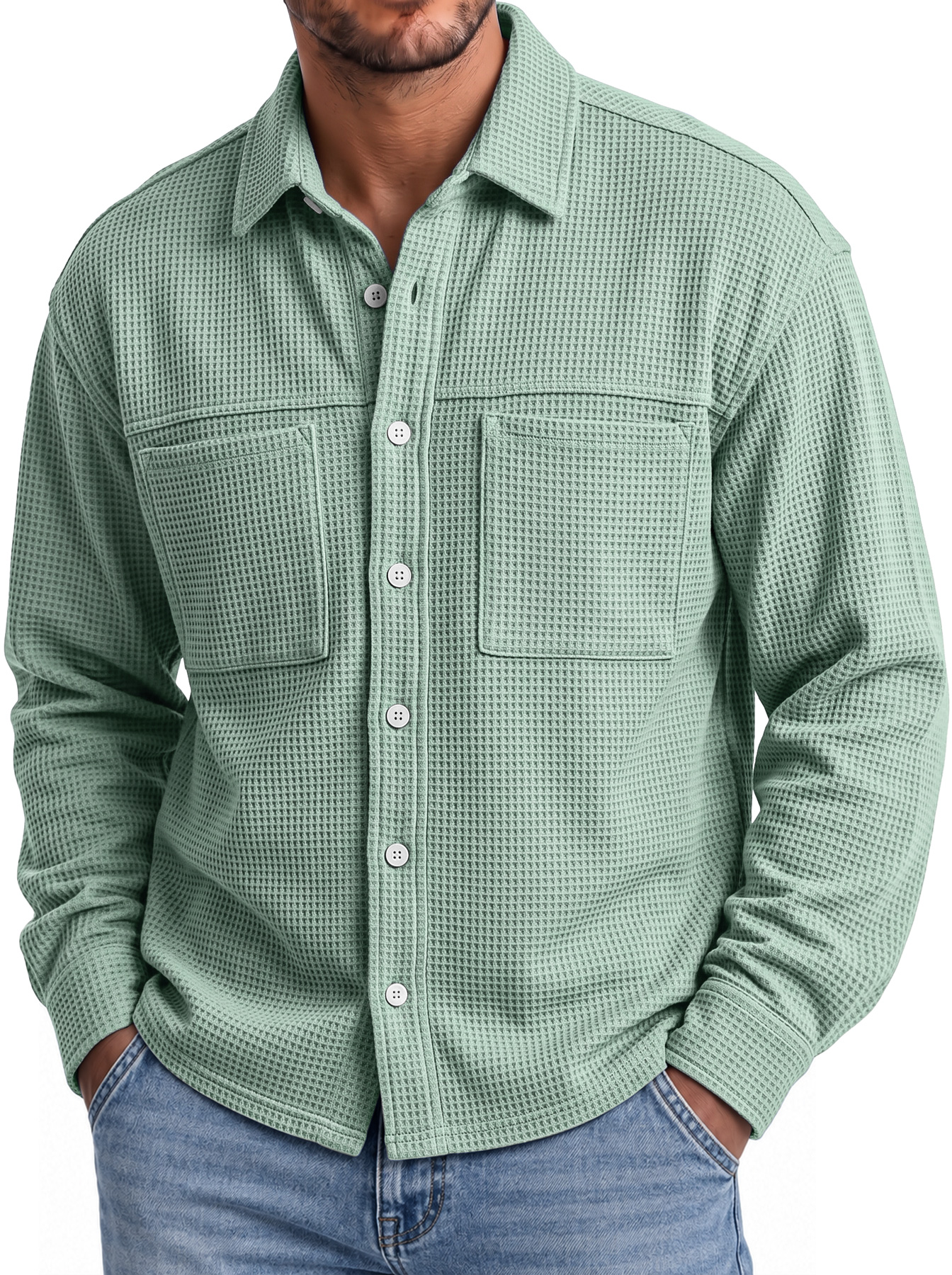 Men's Autumn Casual Long-Sleeve Waffle-Knit Shirt with Dual Pockets