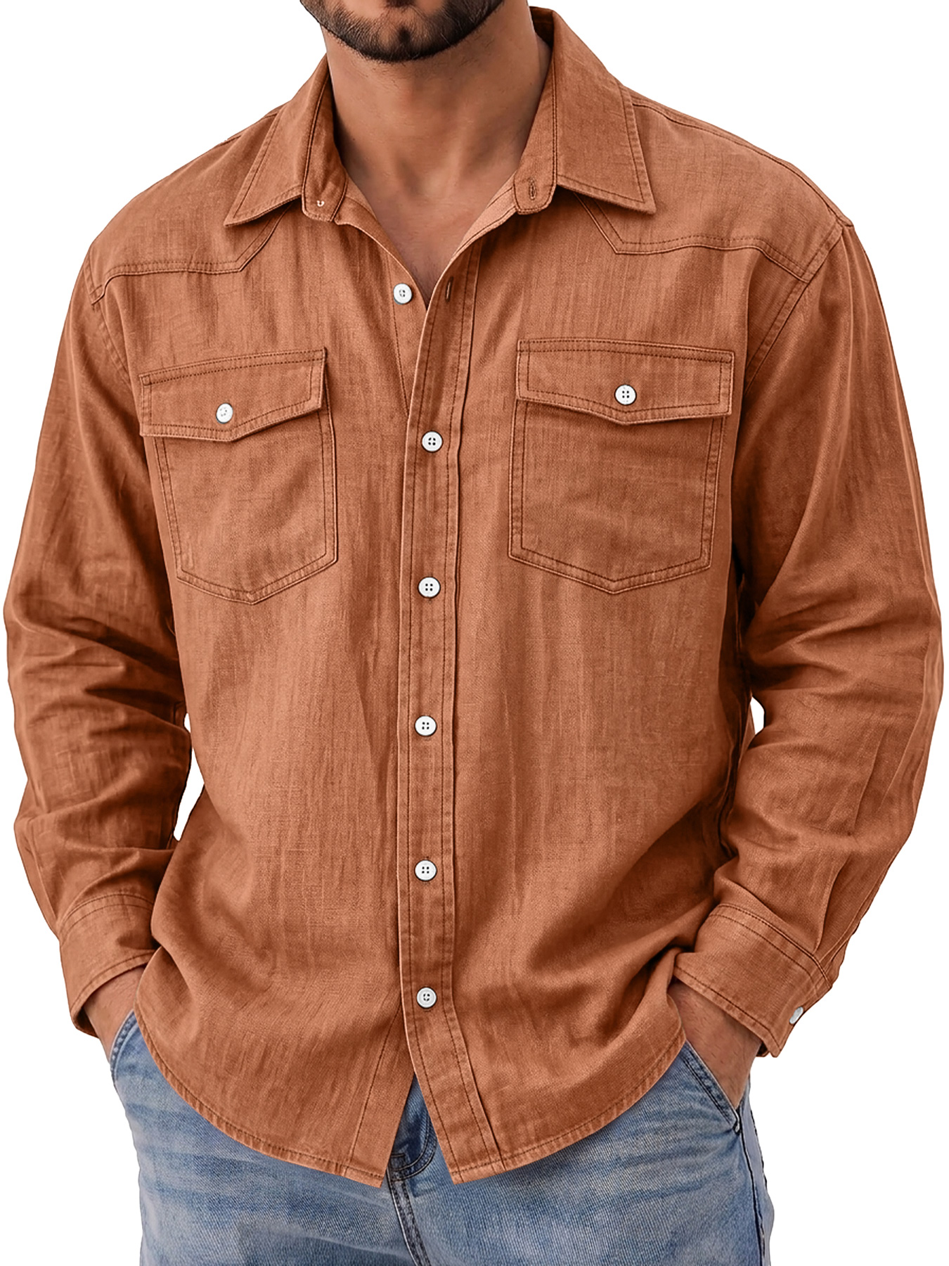 Men's Autumn Casual Long-Sleeve Shirt with Deconstructed Design and Dual Pockets