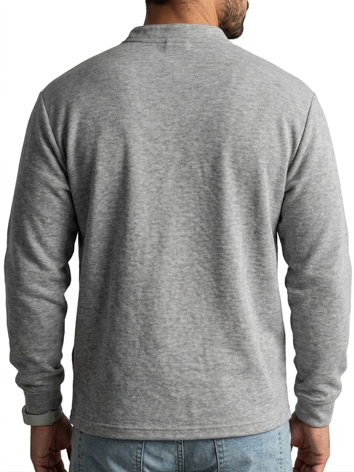 Men's Deconstructed Long-Sleeve Henley Shirt with Stand Collar and Button Detail