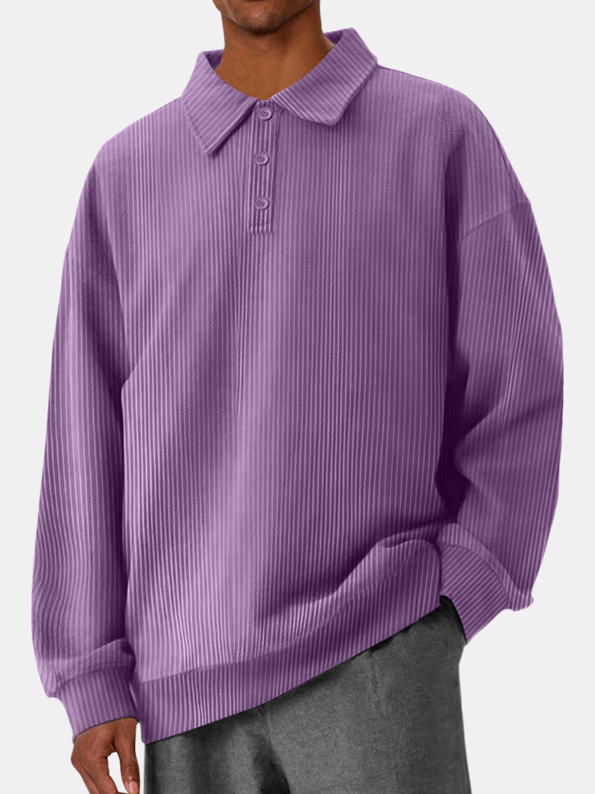 Men's Casual Pit Lapel Button Solid Color Comfortable Polo Sweatshirt