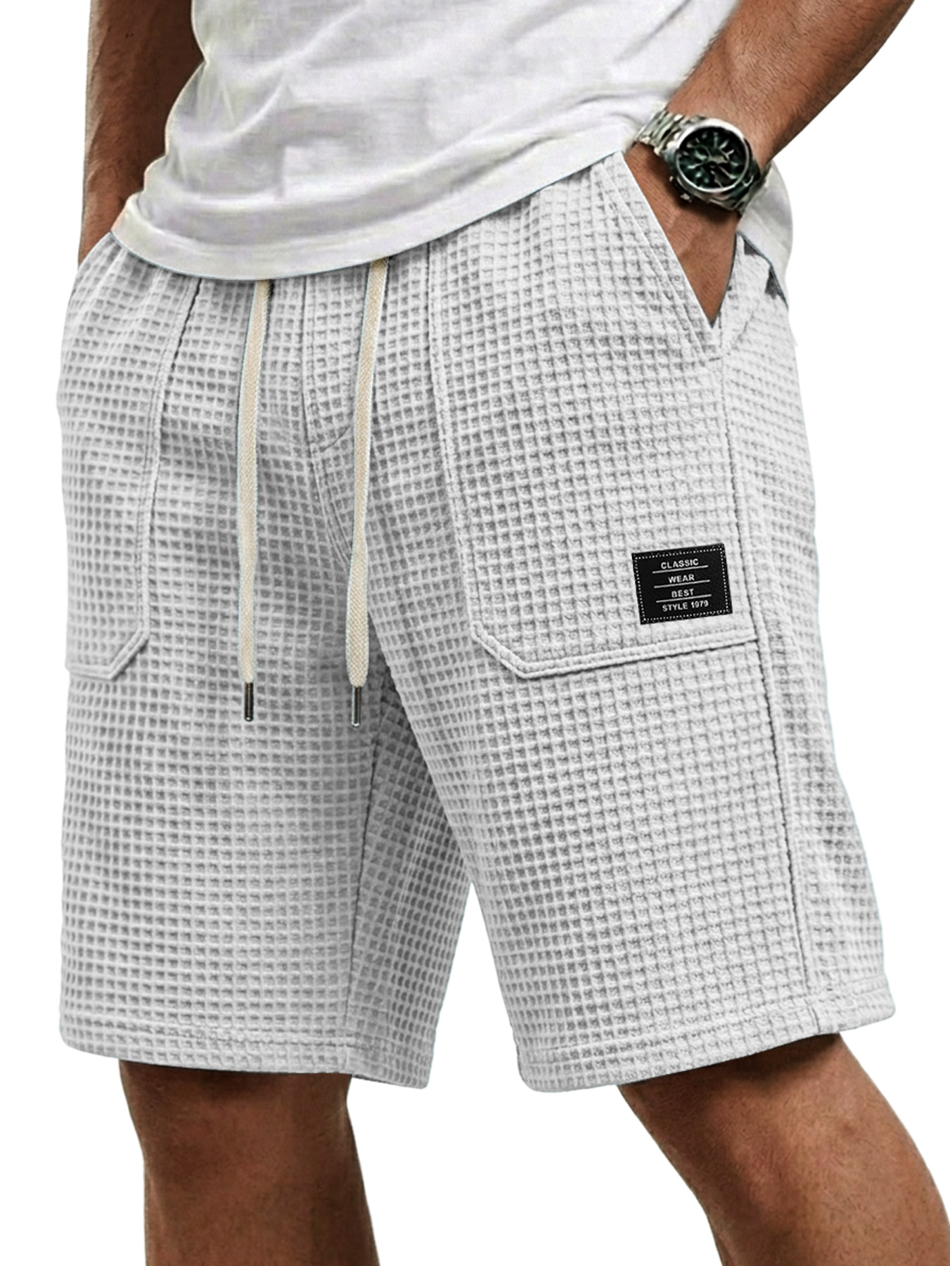 Men's Waffle Patch Pocket Embroidered Logo Casual Shorts