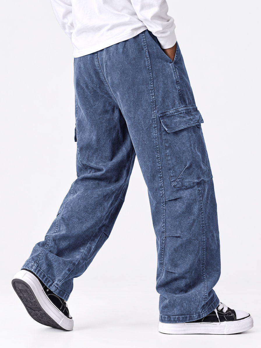 Men's 100% Cotton Washed Distressed Heavy-Duty Straight Leg Pants