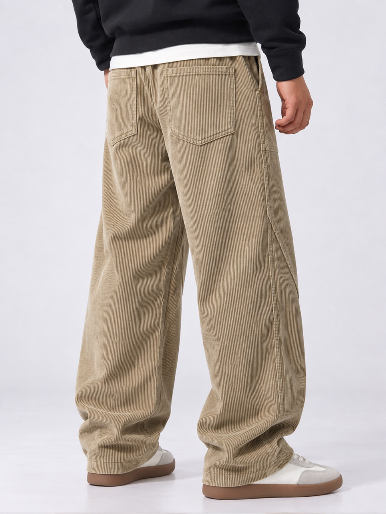 Men's Corduroy Deconstructed Casual Trousers with Patch Pockets and Curved Seam Detail