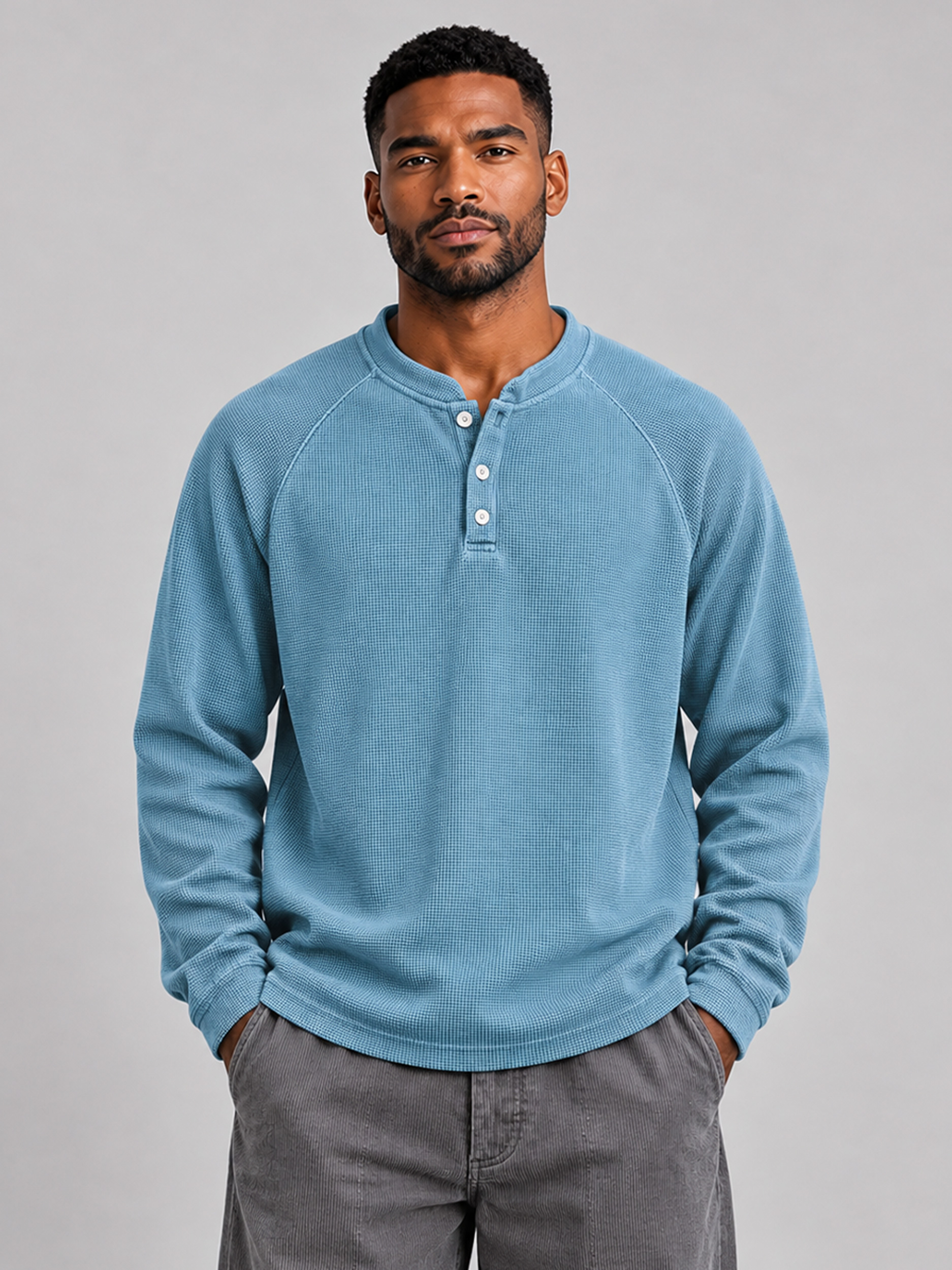 Men's Waffle-Knit Casual Long-Sleeve Henley Shirt with Stand Collar and Button Placket