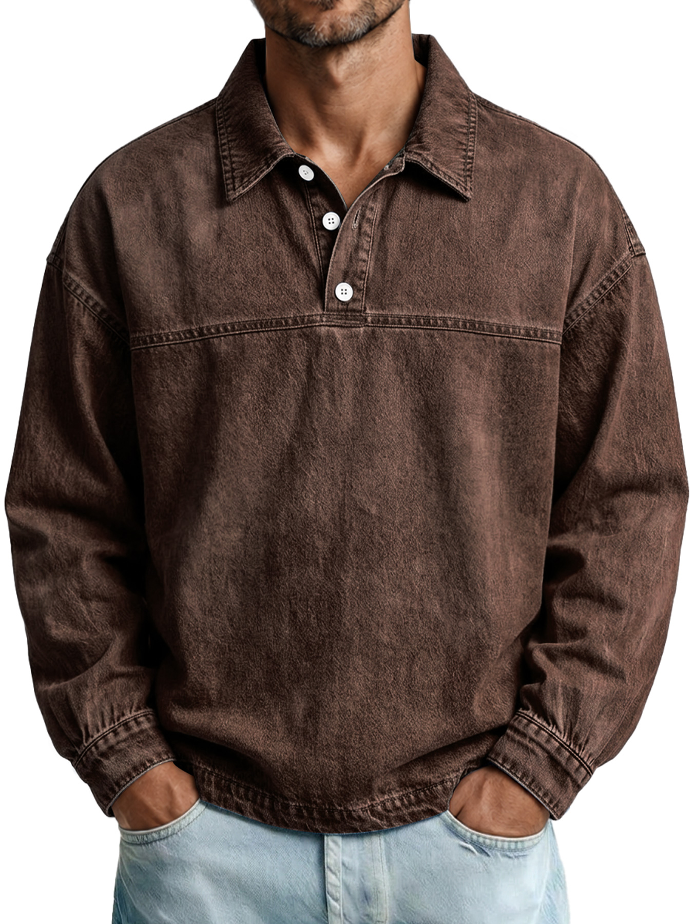 Men's Autumn Vintage Washed Cotton Long-Sleeve Casual Polo Shirt with Stitching Detail