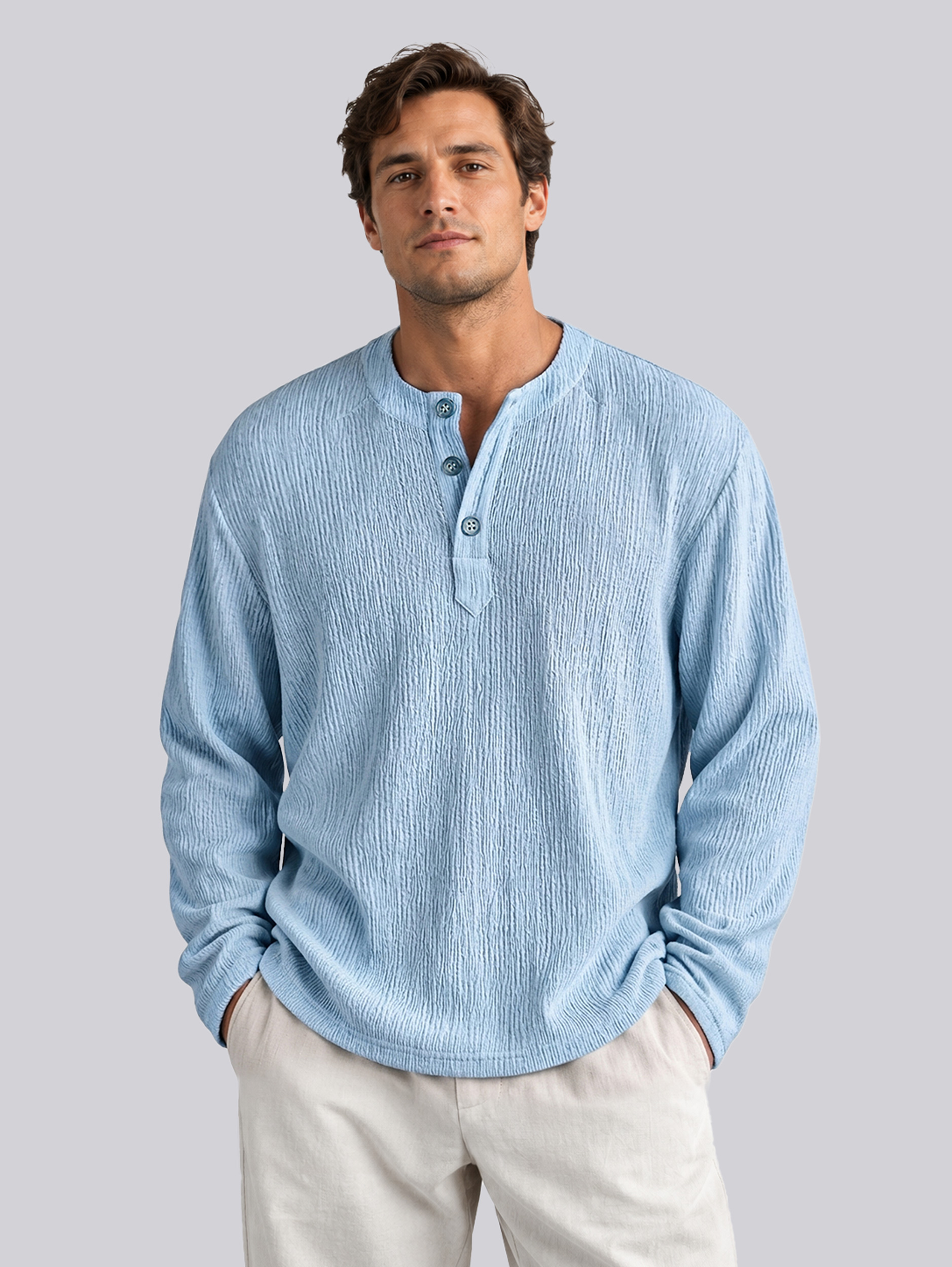 Men's Casual Textured Comfortable Long-Sleeve Henley Shirt