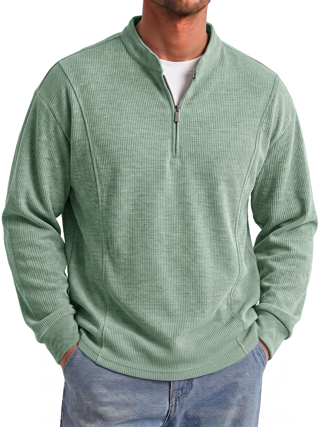 Men's Autumn Ribbed Stand-Collar Zip-Front Casual Long-Sleeve T-Shirt