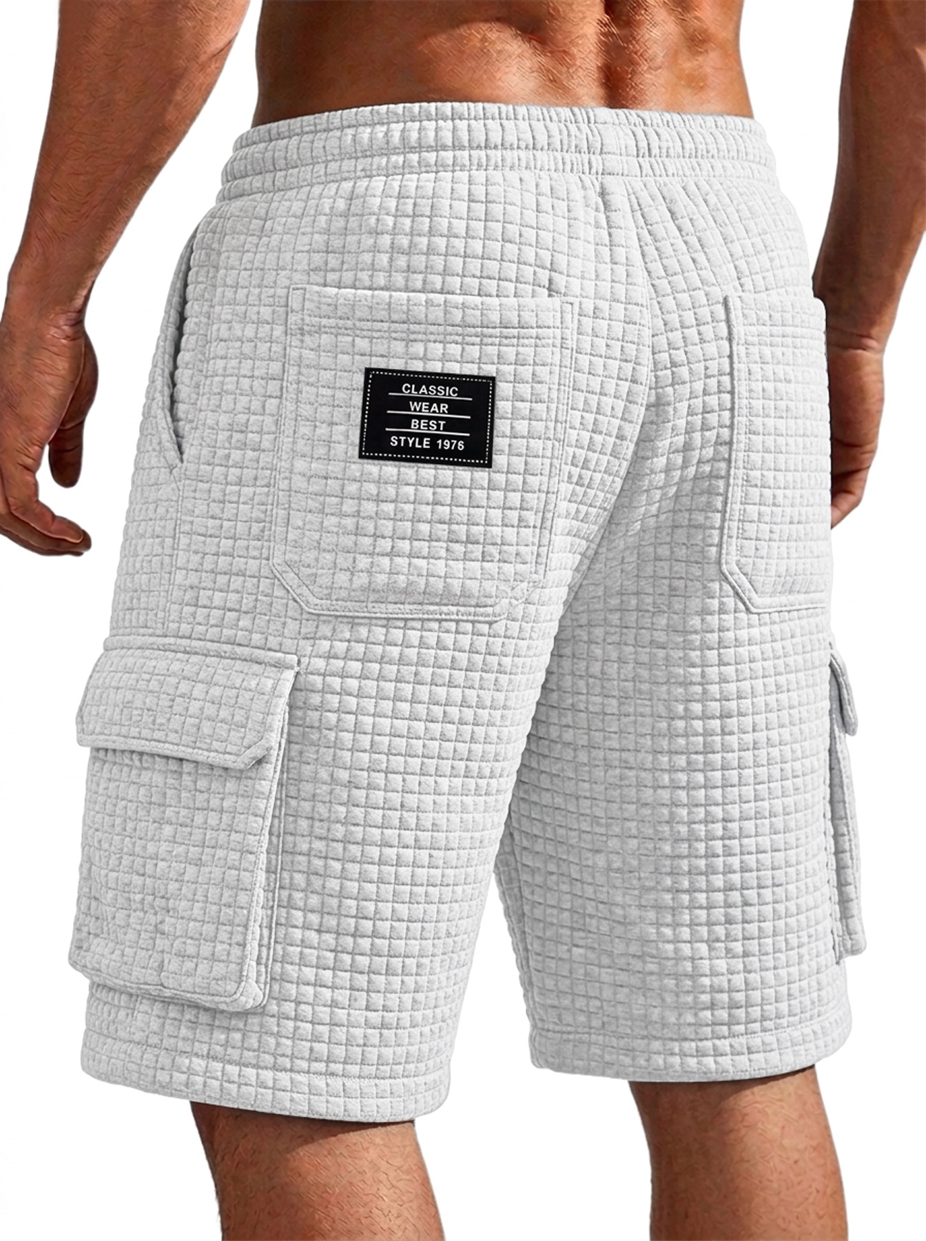 Men's Small-Check Multi-Pocket Casual Utility Shorts with Embroidered Logo