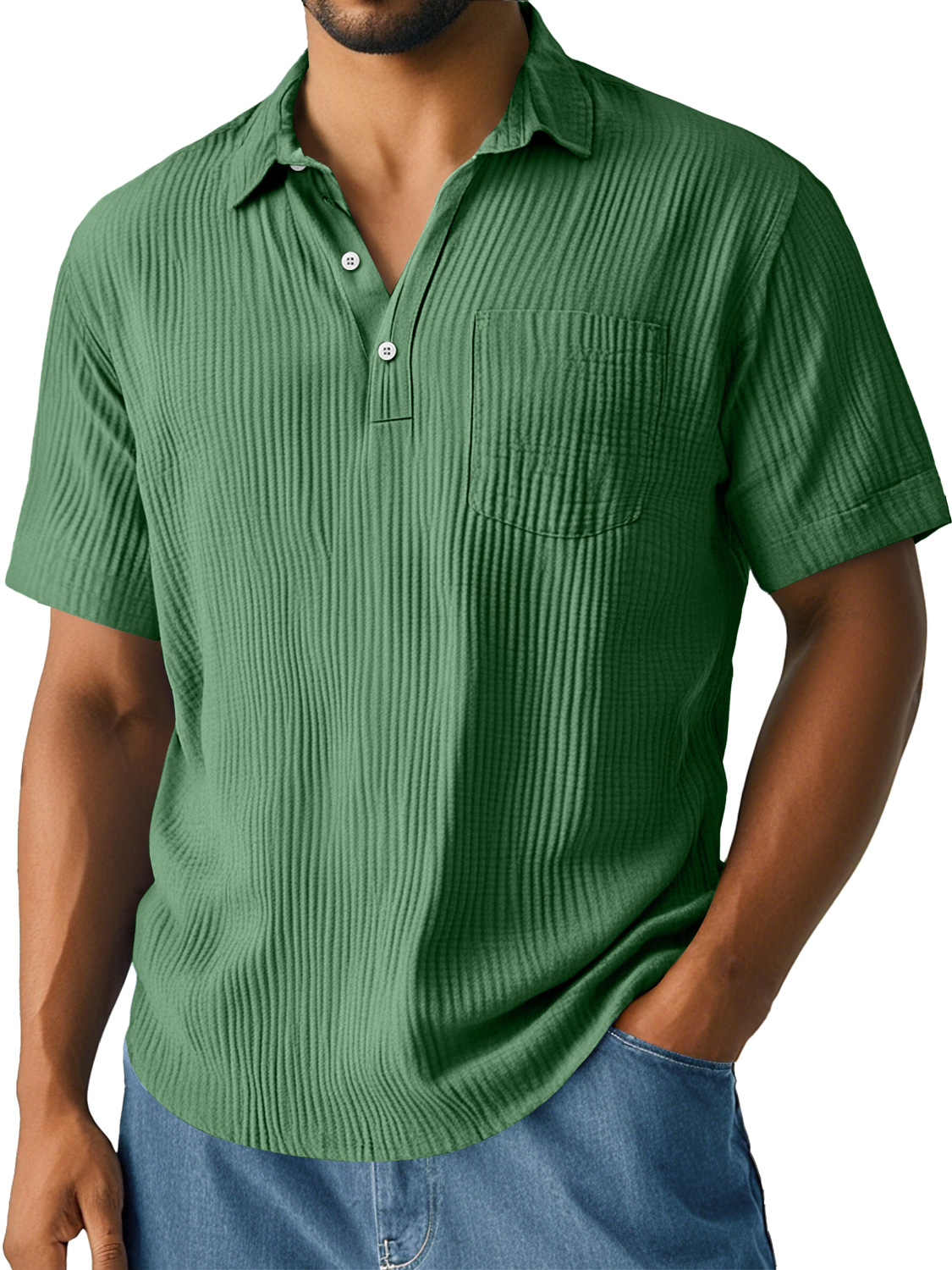 Men's Daily Pleated Texture Lapel Pocket Casual Short-sleeved Polo Shirt