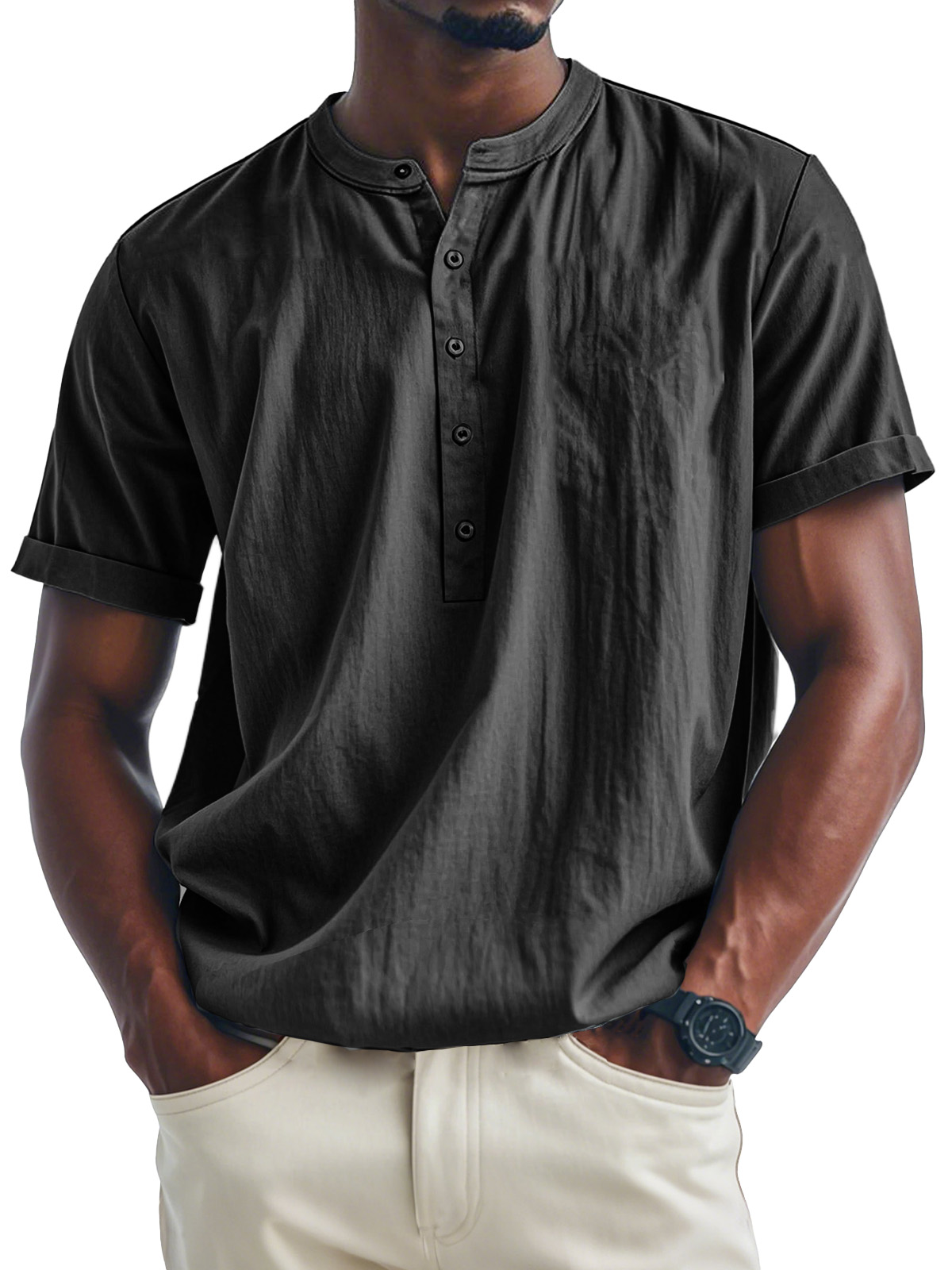 Men's Fashion Casual Stand Collar Multi-Button Short Sleeve Henley Shirt